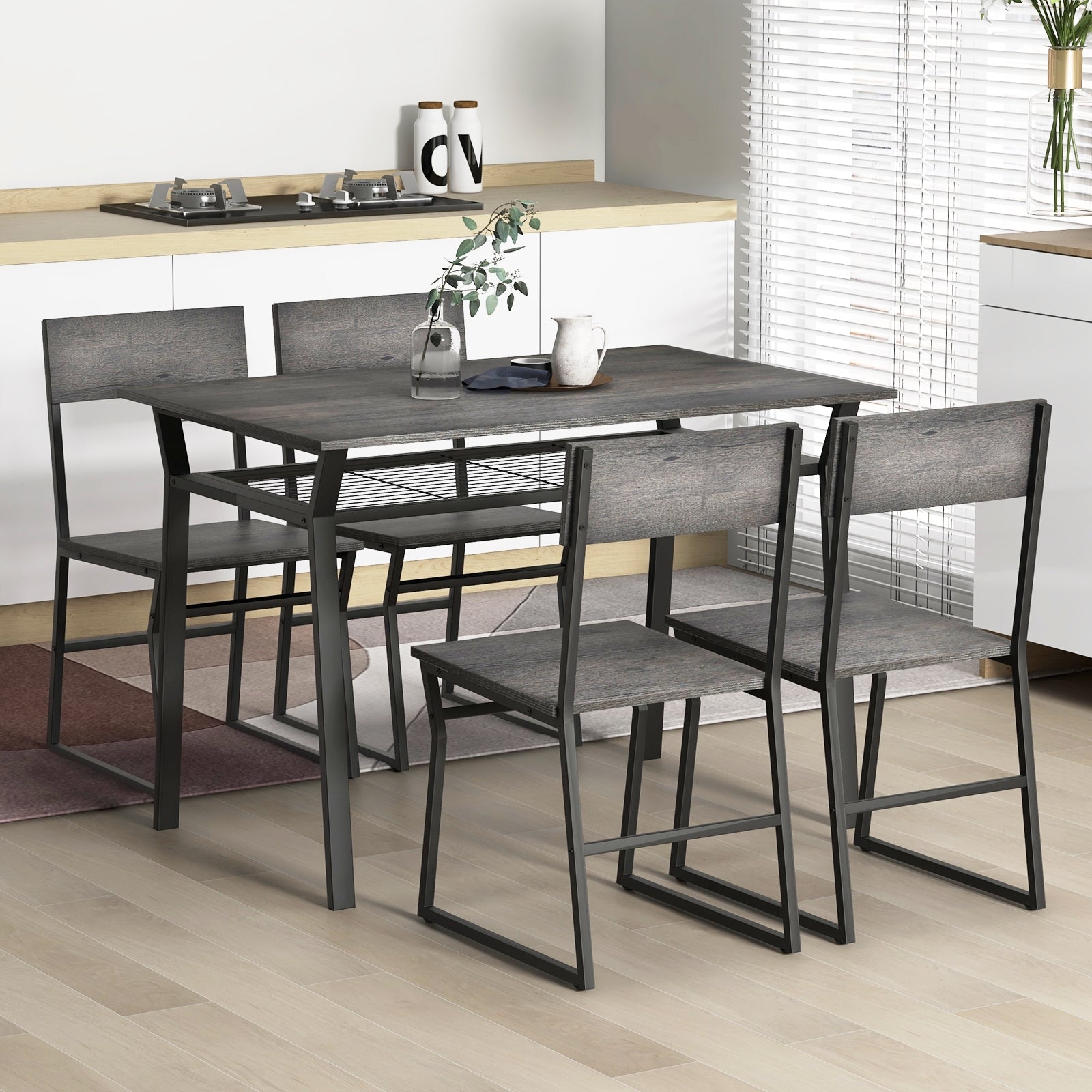 5 Piece Dining Table Set with Storage Rack and Metal Frame, Gray Dining Room Sets at Gallery Canada