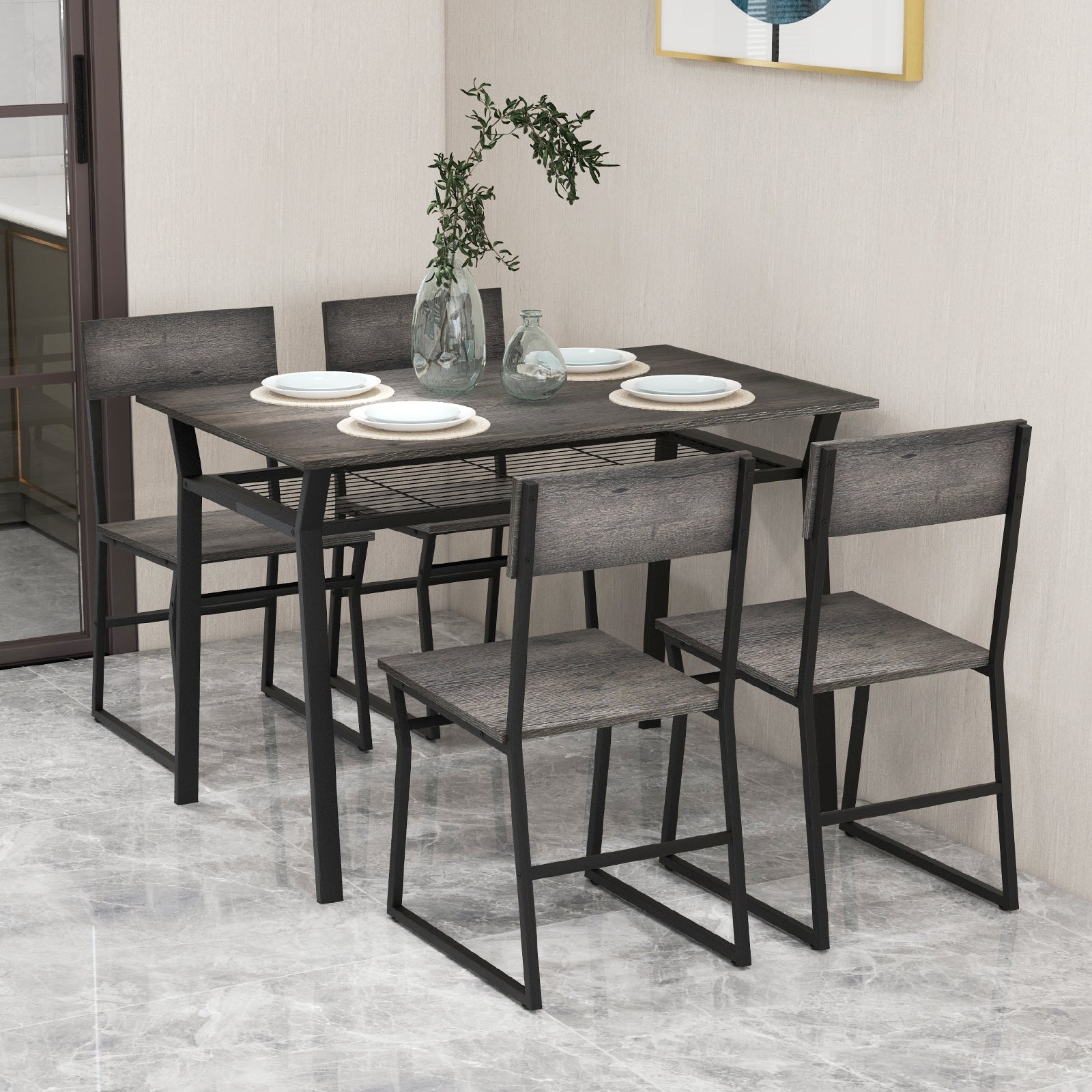 5 Piece Dining Table Set with Storage Rack and Metal Frame, Gray Dining Room Sets at Gallery Canada