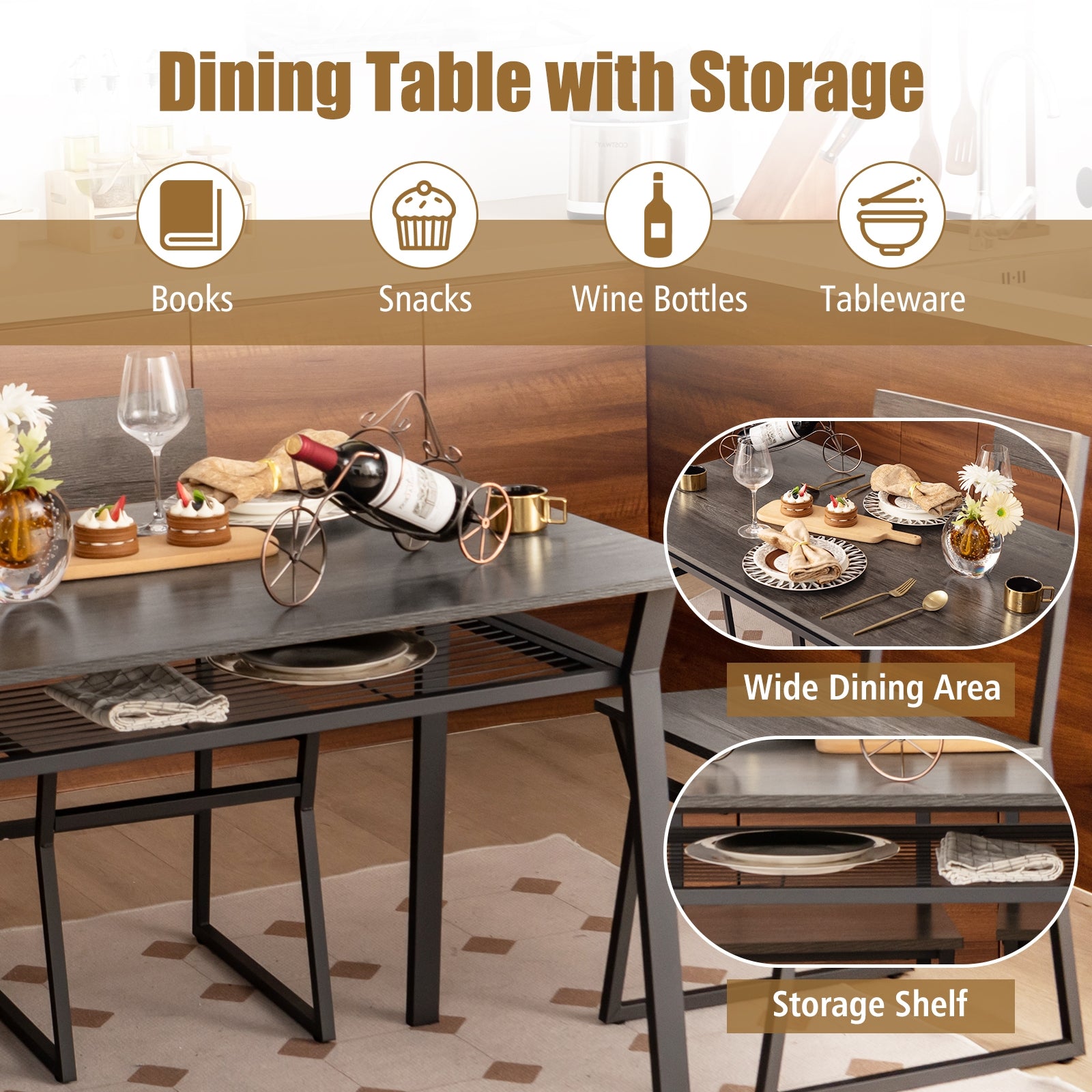 5 Piece Dining Table Set with Storage Rack and Metal Frame, Gray Dining Room Sets at Gallery Canada