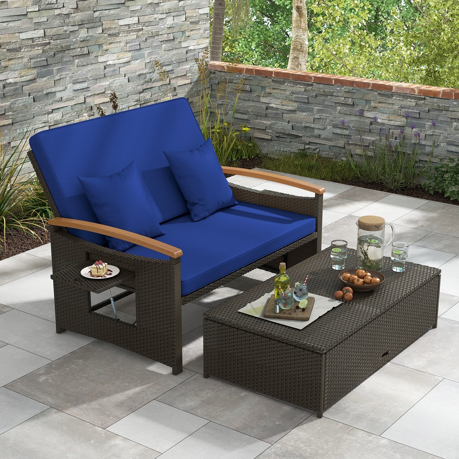 Outdoor Wicker Daybed with Folding Panels and Storage Ottoman, Navy Outdoor Seating & Patio Chairs   at Gallery Canada