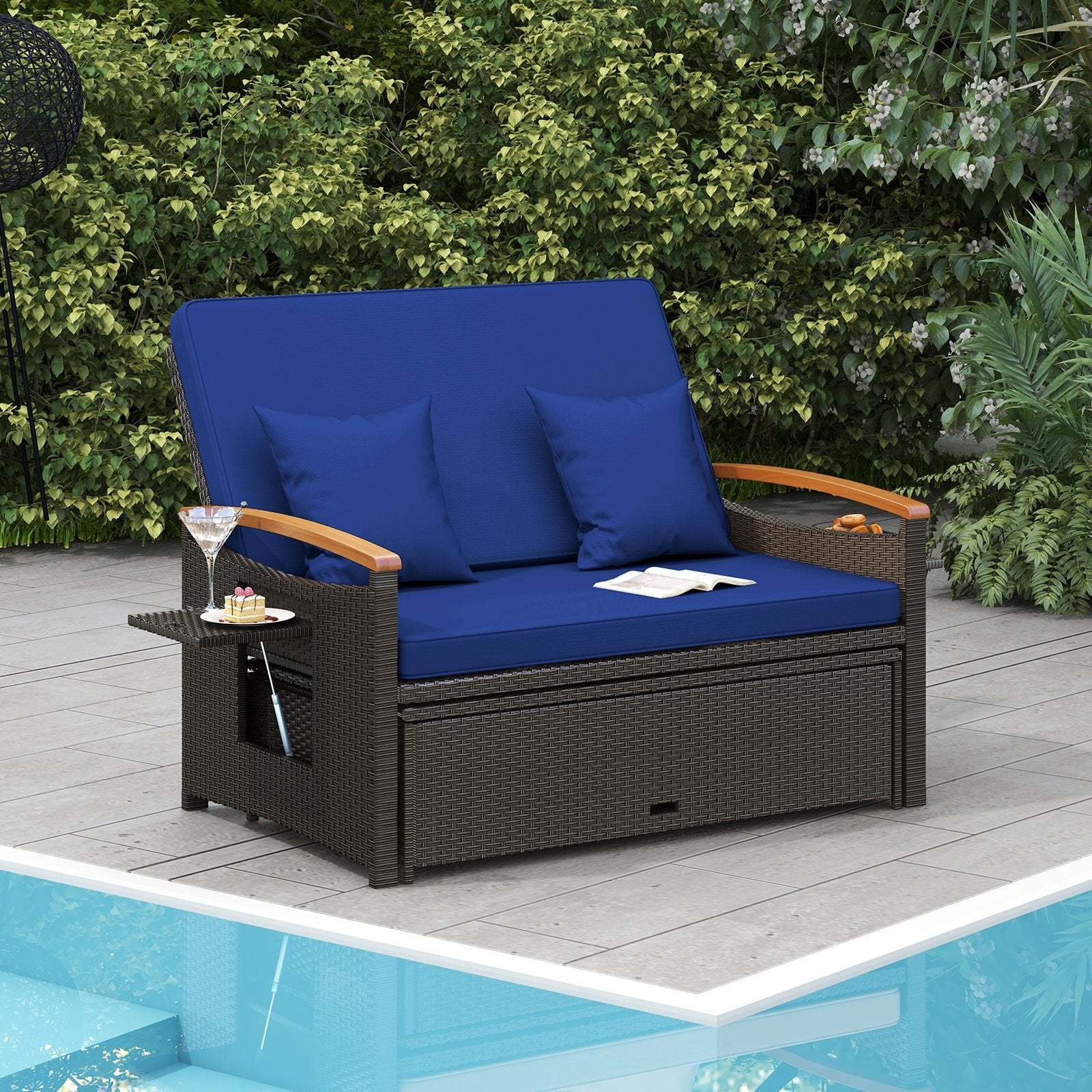 Outdoor Wicker Daybed with Folding Panels and Storage Ottoman, Navy Outdoor Seating & Patio Chairs   at Gallery Canada