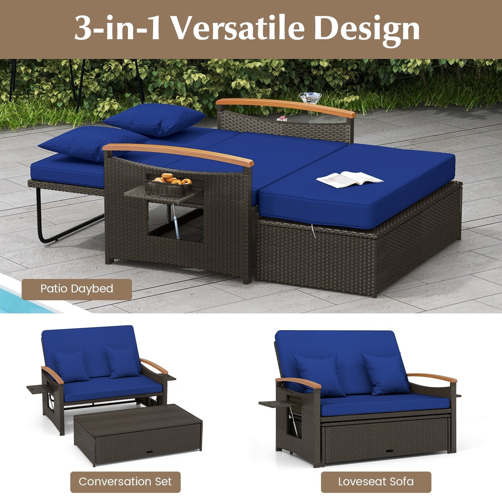 Outdoor Wicker Daybed with Folding Panels and Storage Ottoman, Navy Outdoor Seating & Patio Chairs   at Gallery Canada