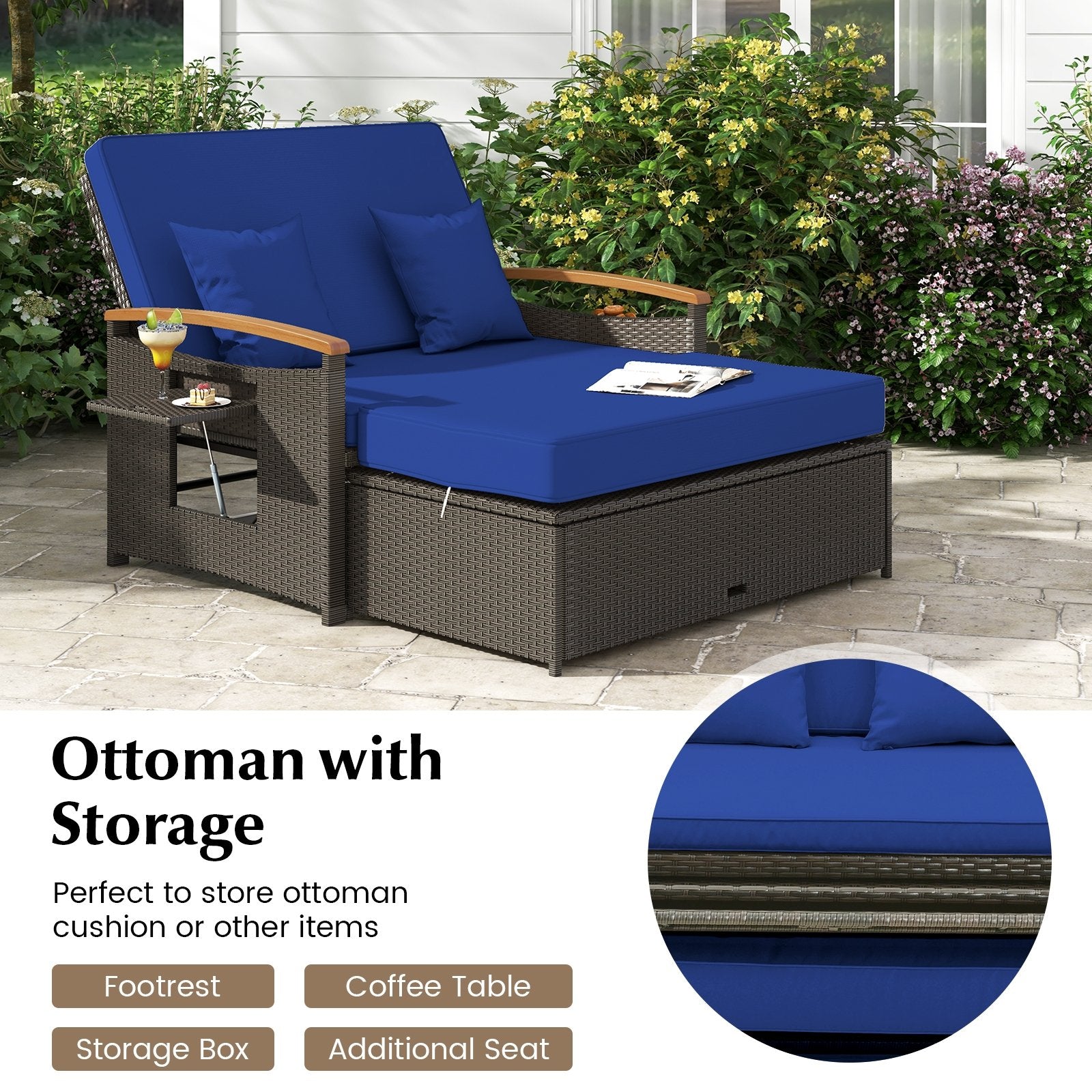 Outdoor Wicker Daybed with Folding Panels and Storage Ottoman, Navy Outdoor Seating & Patio Chairs   at Gallery Canada