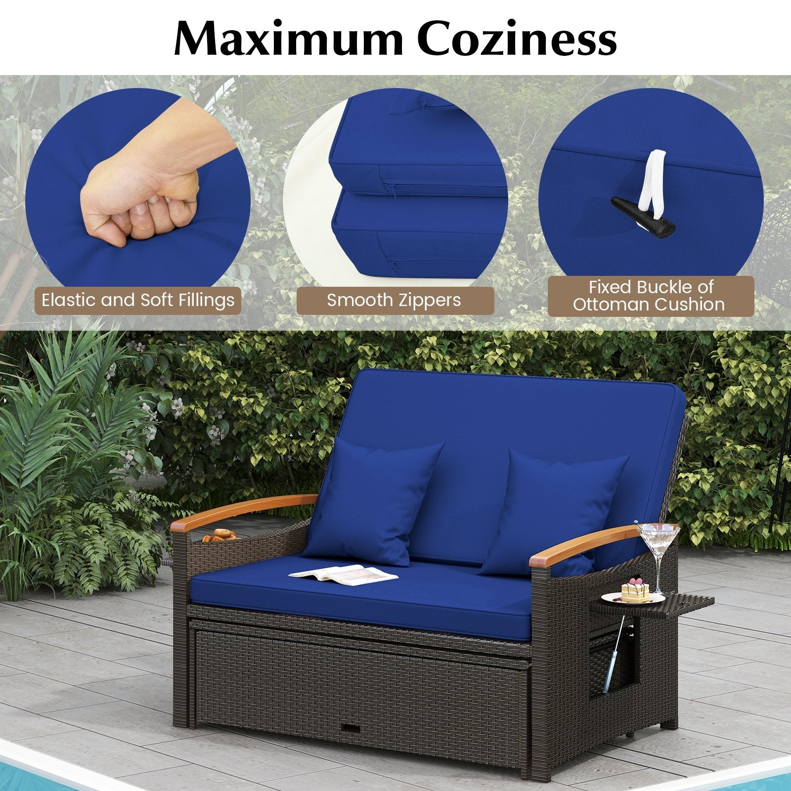 Outdoor Wicker Daybed with Folding Panels and Storage Ottoman, Navy Outdoor Seating & Patio Chairs   at Gallery Canada