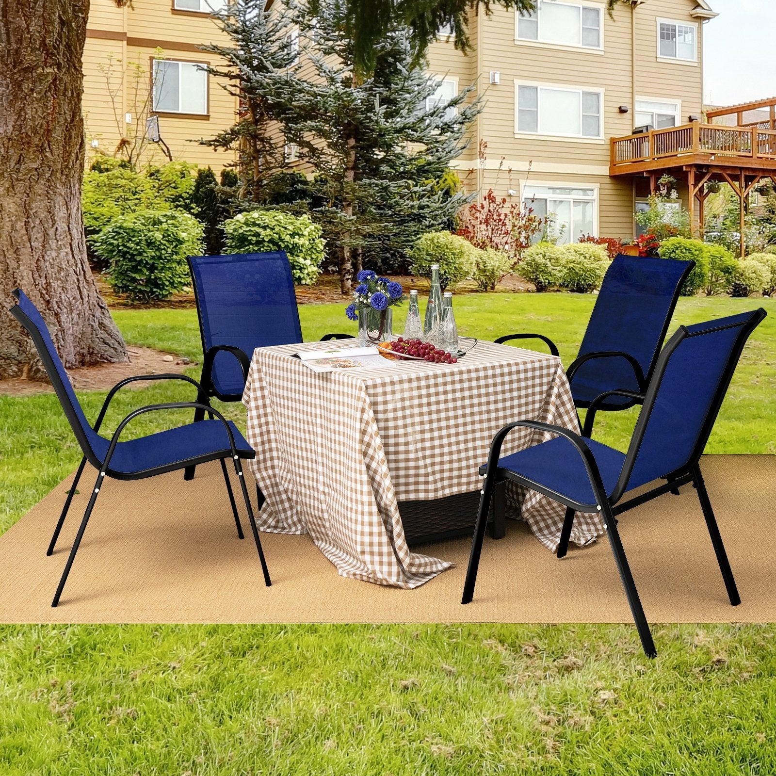 4 Pieces Stackable Patio Dining Chairs Set with Armrest, Navy Patio Dining Chairs   at Gallery Canada