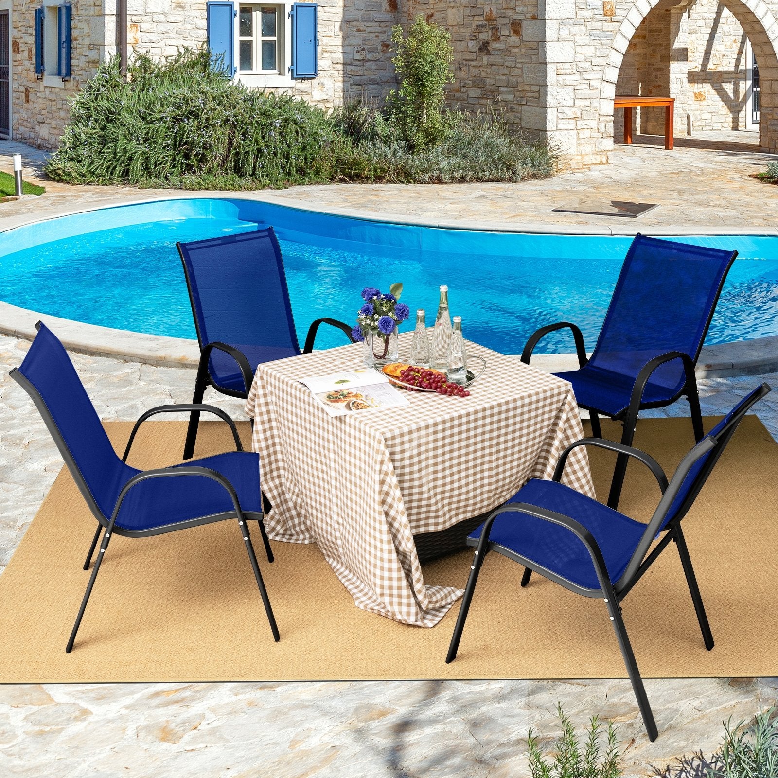 4 Pieces Stackable Patio Dining Chairs Set with Armrest, Navy Patio Dining Chairs   at Gallery Canada