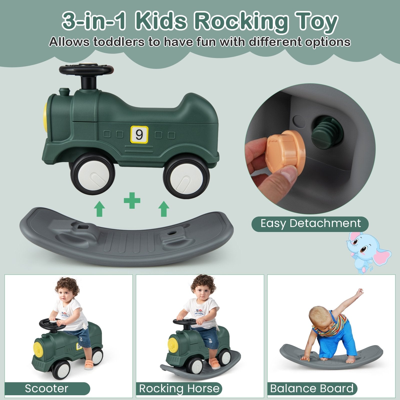 3-in-1 Rocking Horse and Scooter with Detachable Balance Board, Green Push & Pedal Ride On Toys   at Gallery Canada