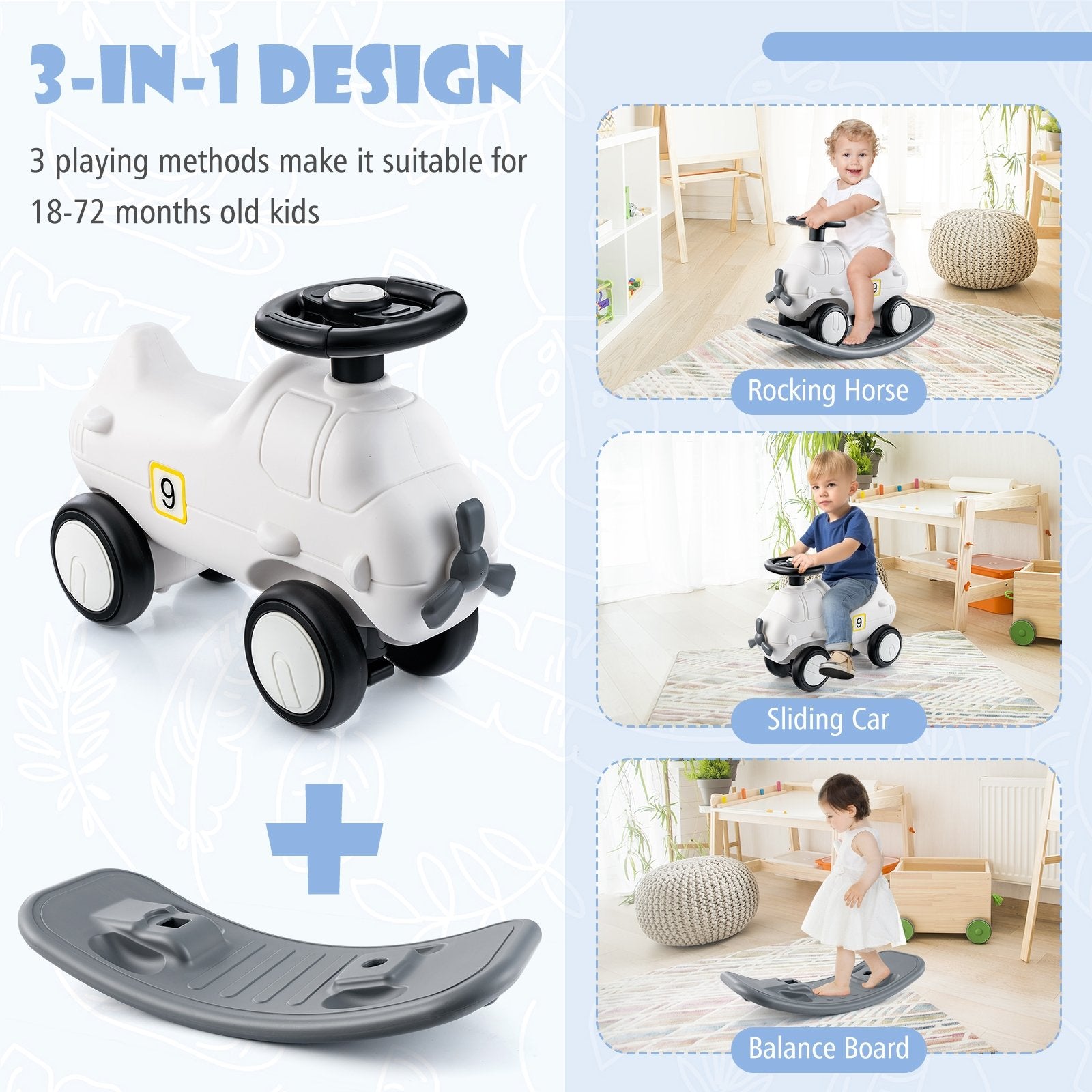 3-in-1 Rocking Horse and Sliding Car with Detachable Balance Board, White Push & Pedal Ride On Toys   at Gallery Canada