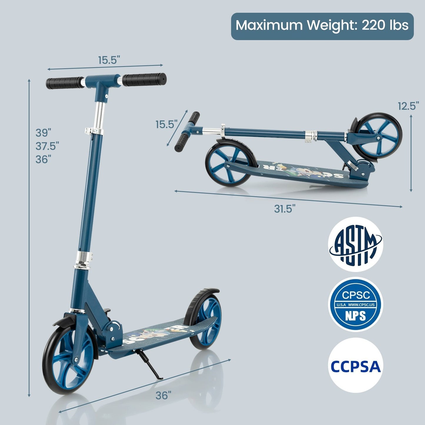 Folding Aluminum Alloy Scooter with 3 Adjustable Heights, Blue Scooters   at Gallery Canada