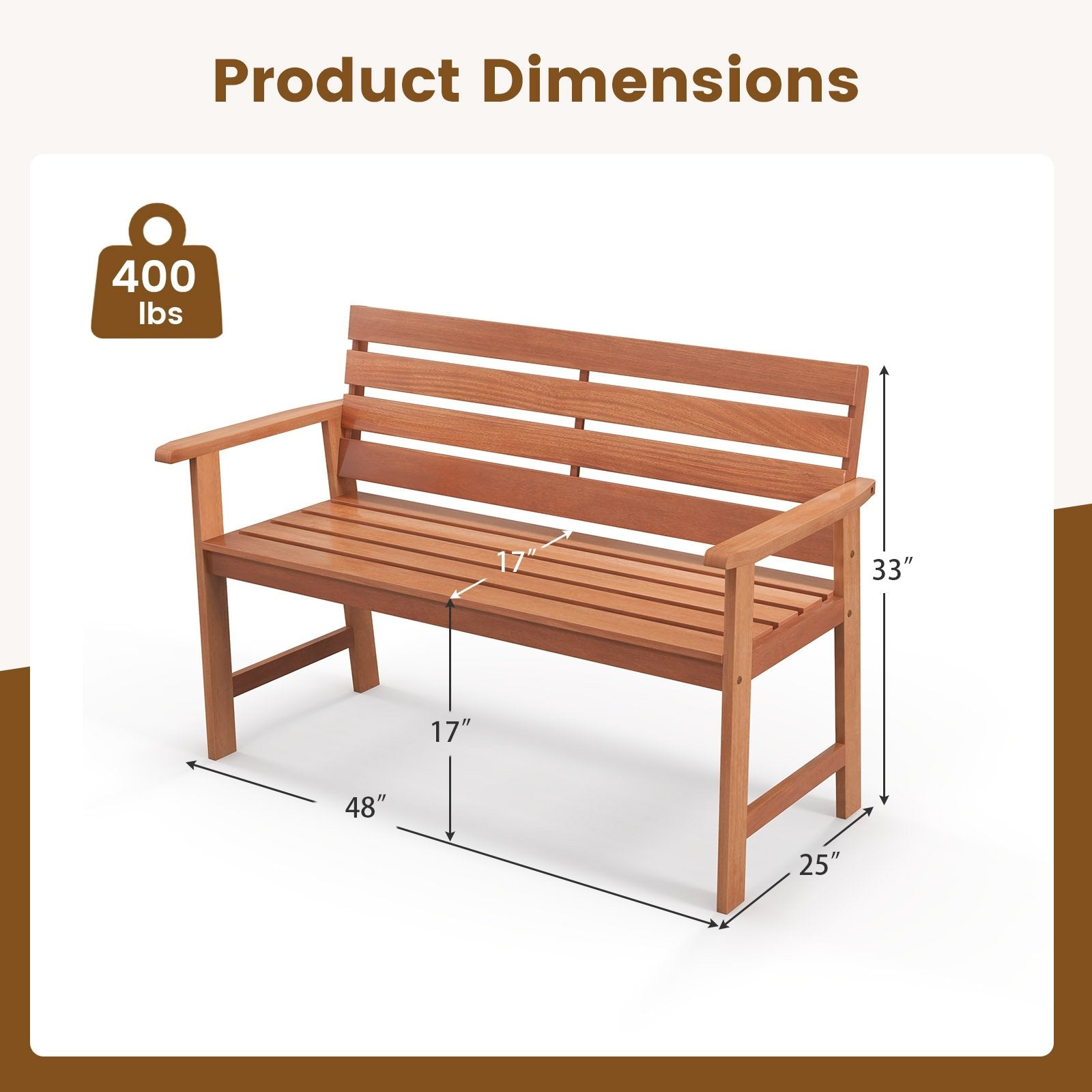 Patio Solid Wood Bench Wood 2-Seat Chair with Breathable Slatted Seat & Inclined Backrest, Natural Outdoor Benches   at Gallery Canada