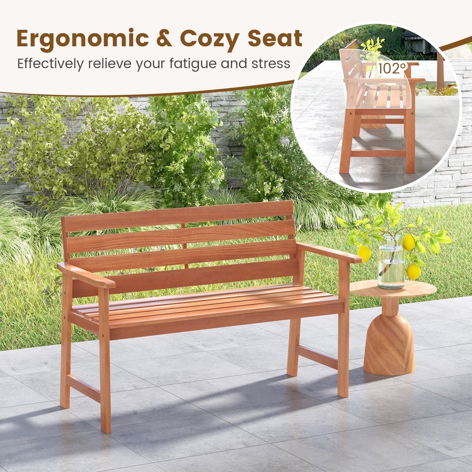 Patio Solid Wood Bench Wood 2-Seat Chair with Breathable Slatted Seat & Inclined Backrest, Natural Outdoor Benches   at Gallery Canada