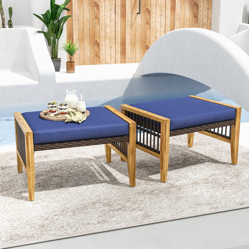 Patio Acacia Wood Ottomans with Cushions and Versatile Rattan Woven Footstools, Navy