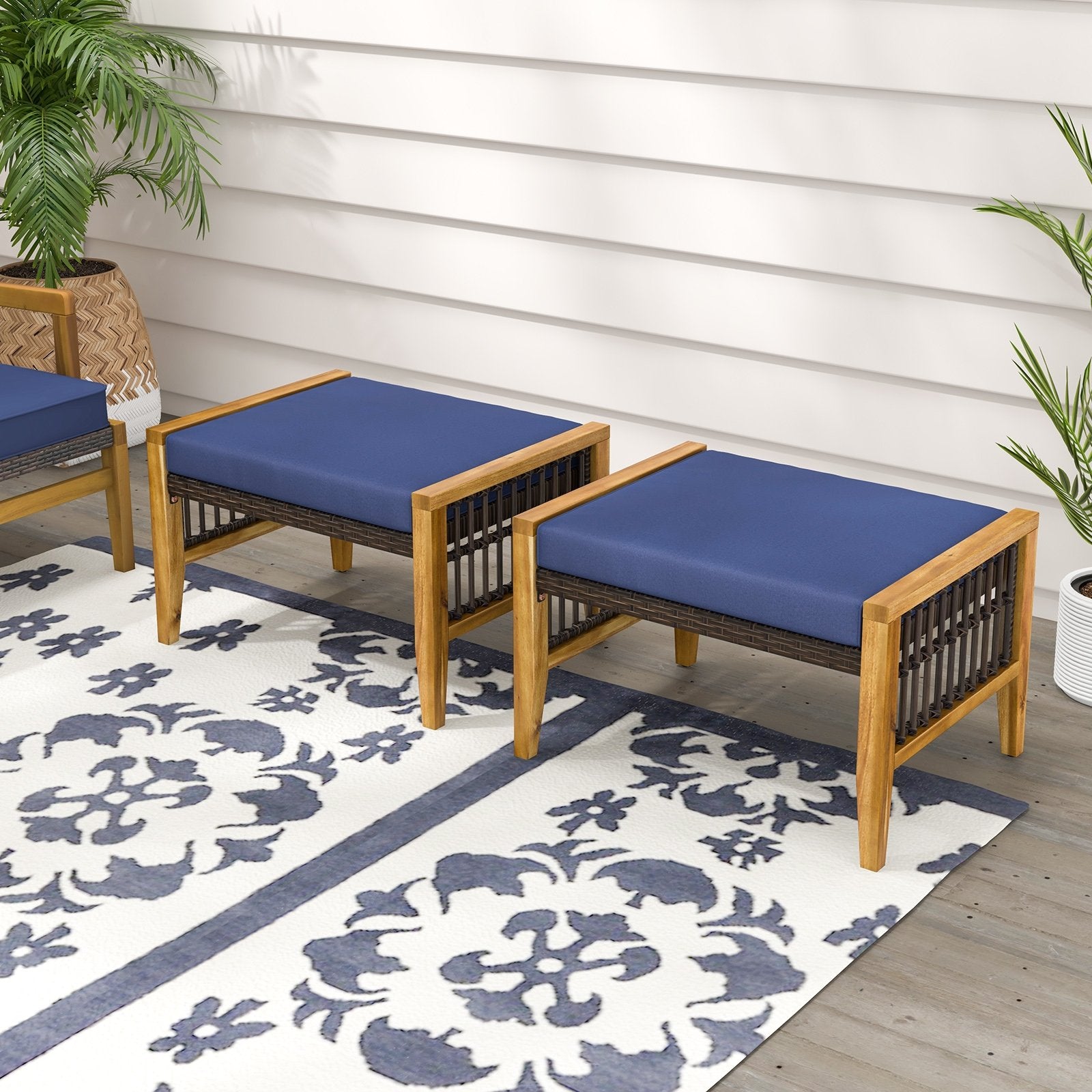 Patio Acacia Wood Ottomans with Cushions and Versatile Rattan Woven Footstools, Navy Ottomans   at Gallery Canada