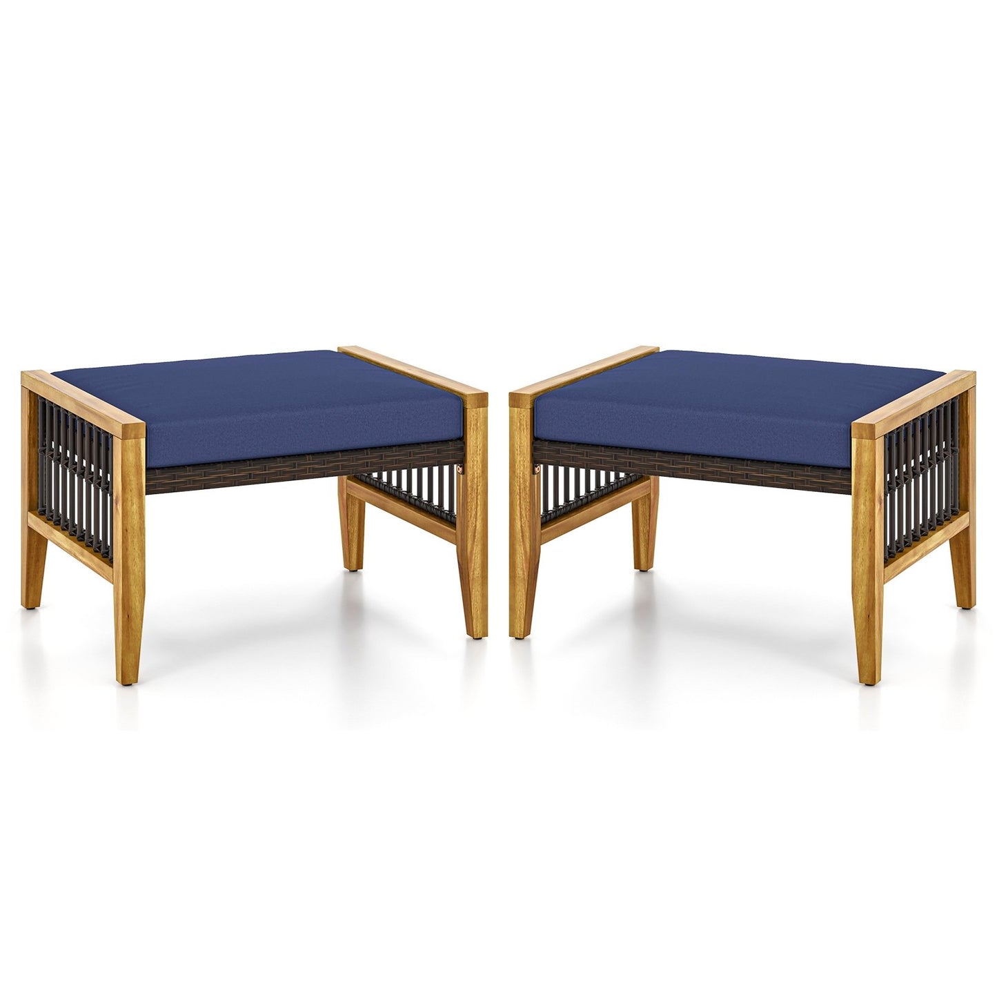 Patio Acacia Wood Ottomans with Cushions and Versatile Rattan Woven Footstools, Navy Ottomans   at Gallery Canada