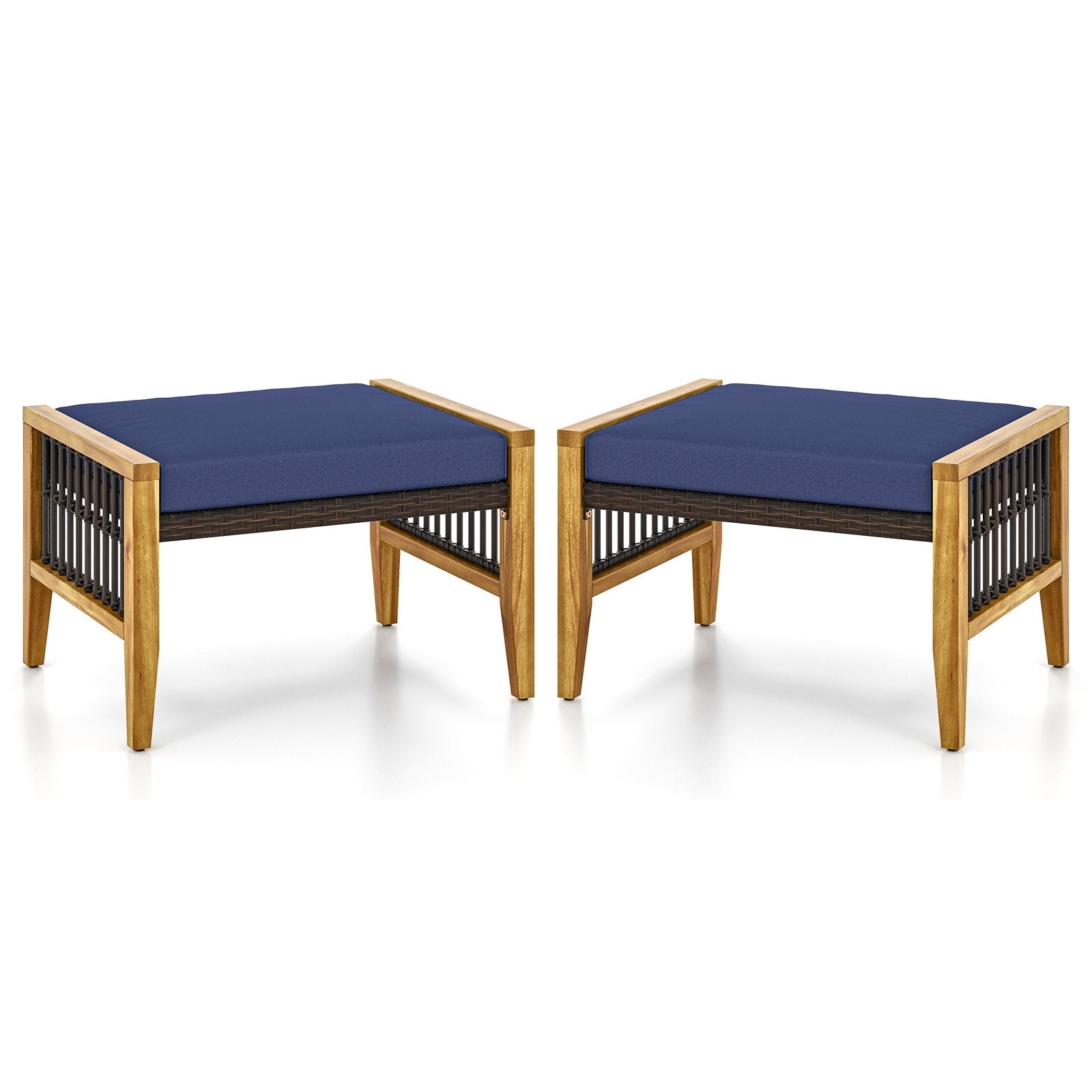 Patio Acacia Wood Ottomans with Cushions and Versatile Rattan Woven Footstools, Navy Ottomans   at Gallery Canada