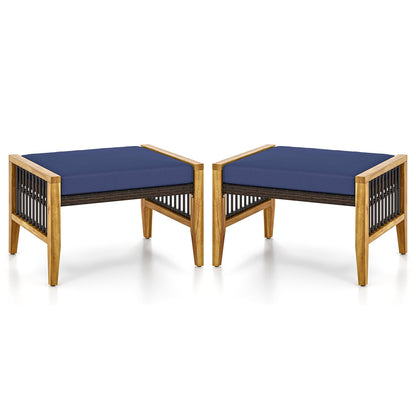 Patio Acacia Wood Ottomans with Cushions and Versatile Rattan Woven Footstools, Navy Ottomans   at Gallery Canada