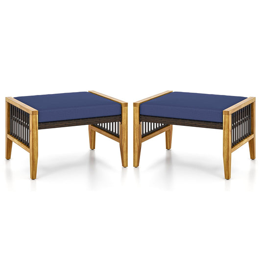 Patio Acacia Wood Ottomans with Cushions and Versatile Rattan Woven Footstools, Navy - Gallery Canada