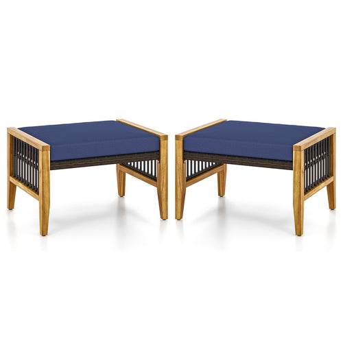 Patio Acacia Wood Ottomans with Cushions and Versatile Rattan Woven Footstools, Navy