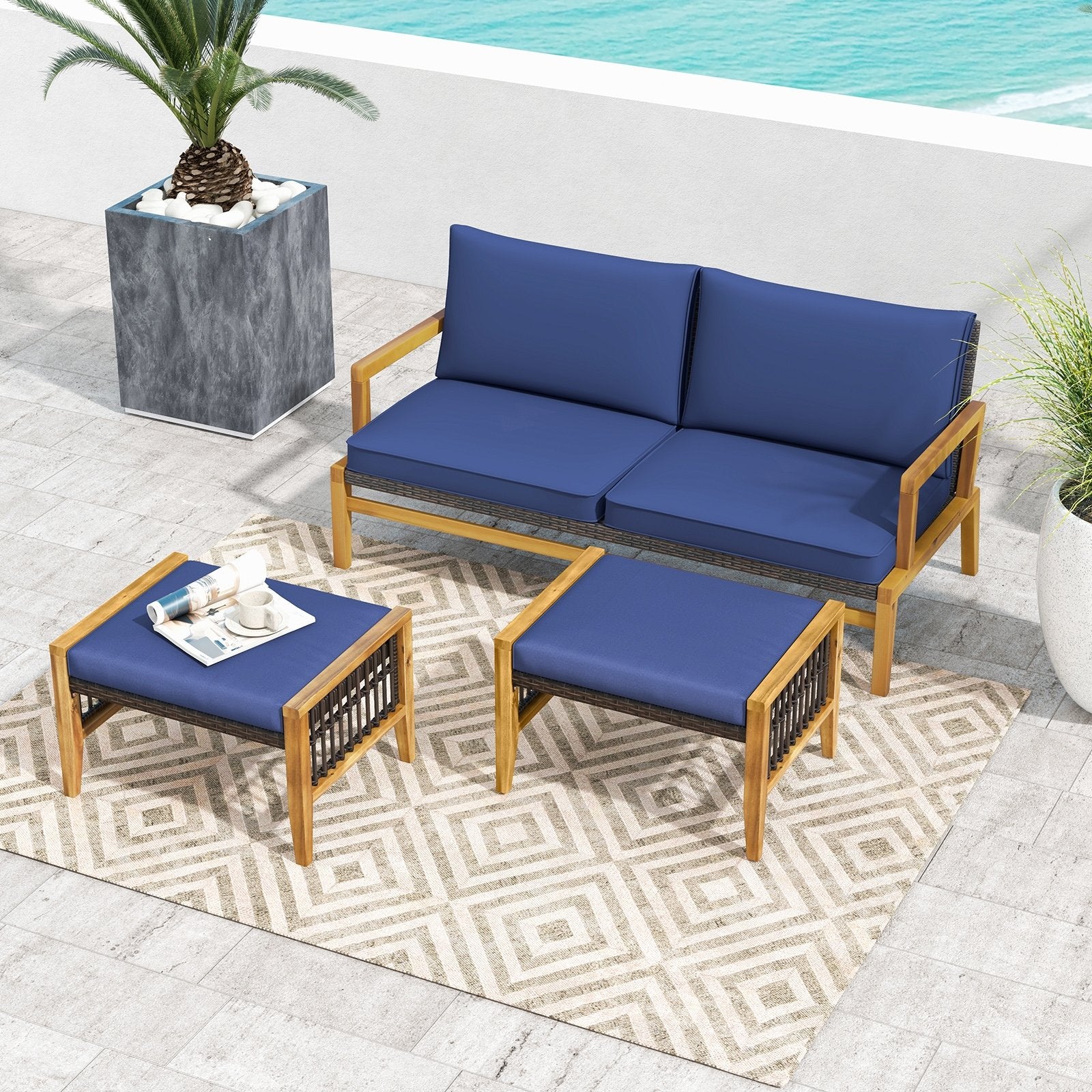 Patio Acacia Wood Ottomans with Cushions and Versatile Rattan Woven Footstools, Navy Ottomans   at Gallery Canada