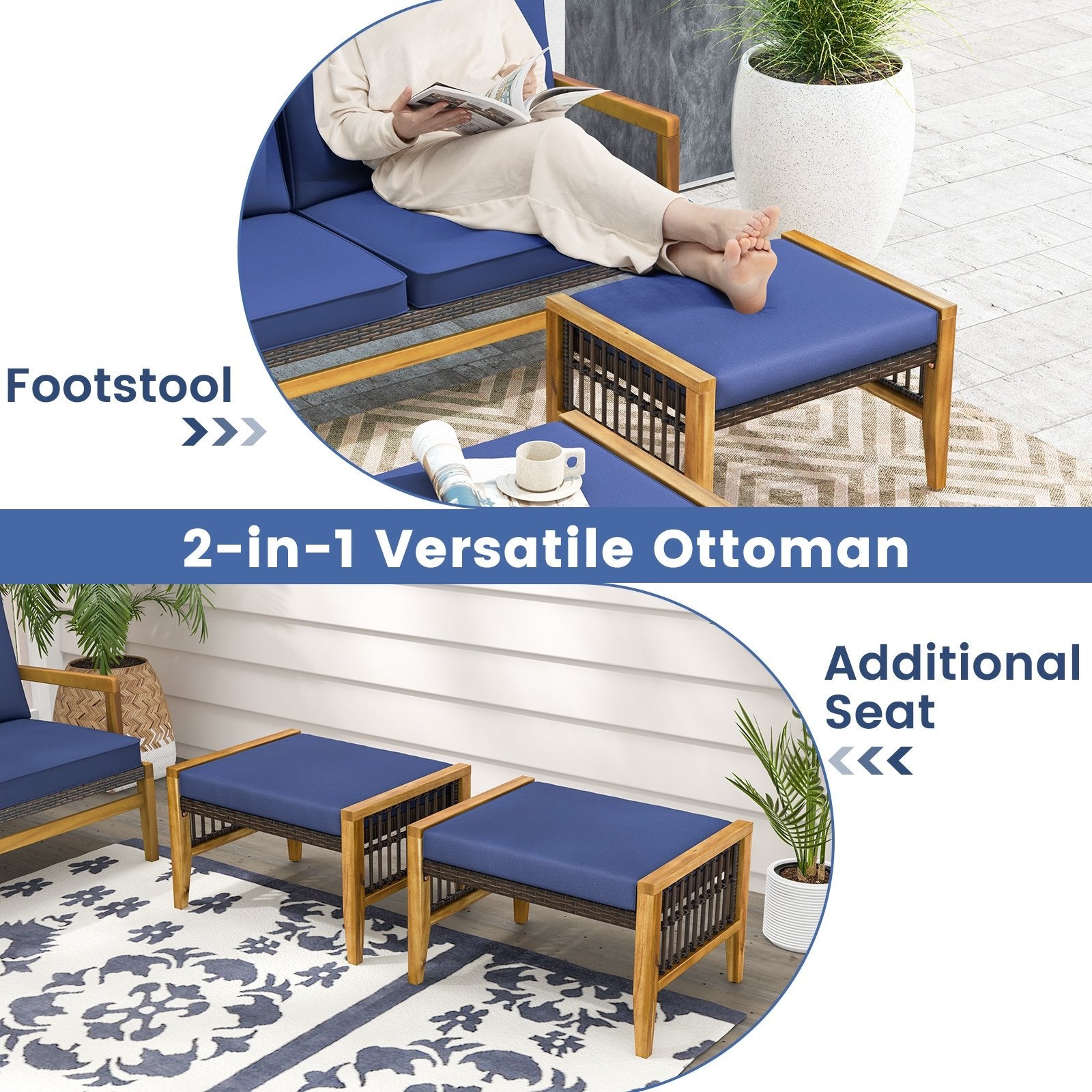 Patio Acacia Wood Ottomans with Cushions and Versatile Rattan Woven Footstools, Navy Ottomans   at Gallery Canada