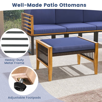 Patio Acacia Wood Ottomans with Cushions and Versatile Rattan Woven Footstools, Navy Ottomans   at Gallery Canada