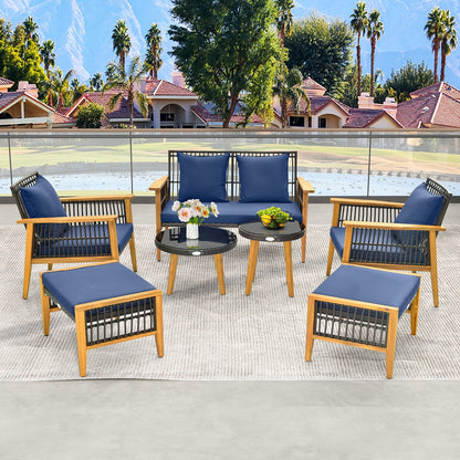 7 Piece Outdoor Conversation Set with Stable Acacia Wood Frame Cozy Seat & Back Cushions, Navy Patio Conversation Sets   at Gallery Canada