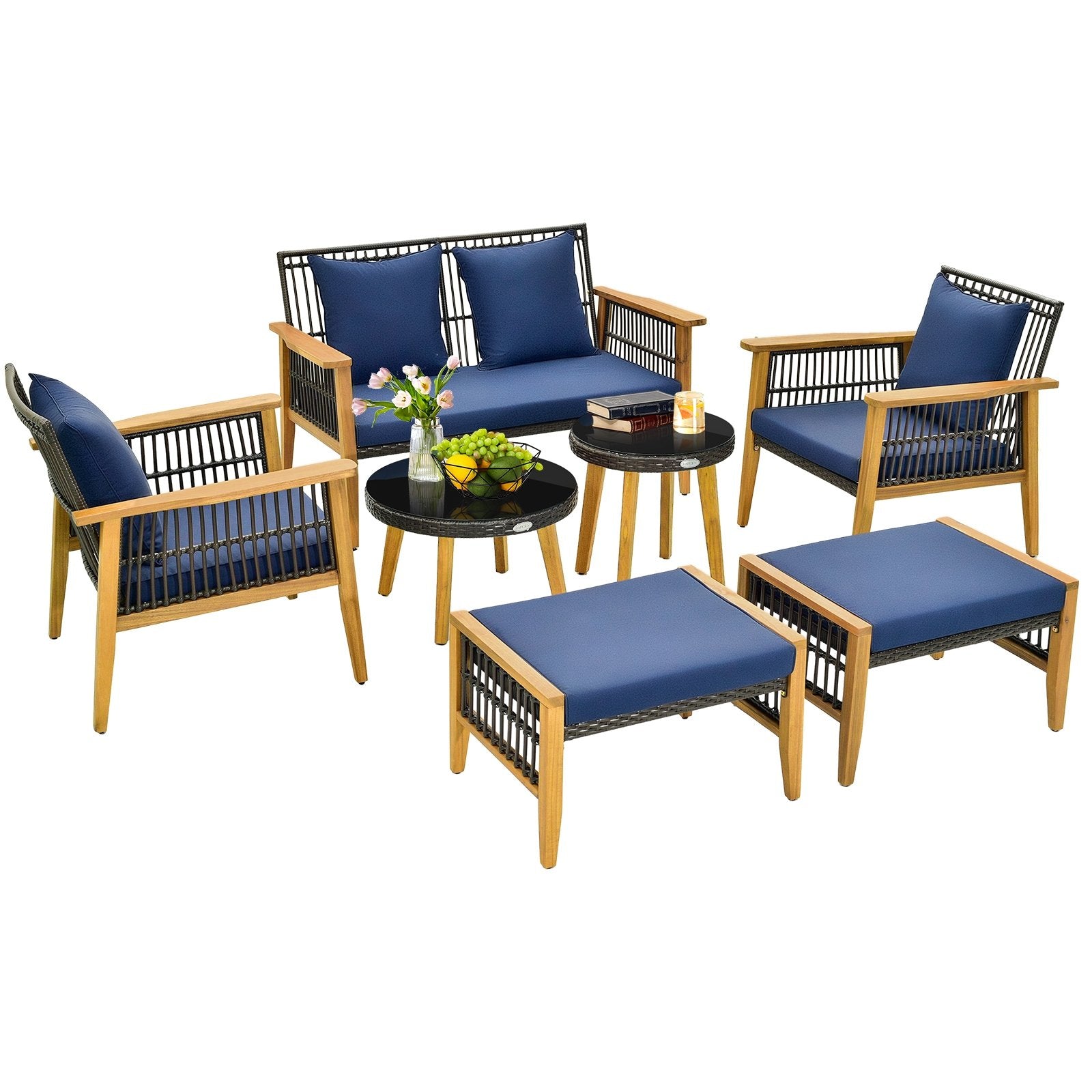 7 Piece Outdoor Conversation Set with Stable Acacia Wood Frame Cozy Seat & Back Cushions, Navy Patio Conversation Sets   at Gallery Canada