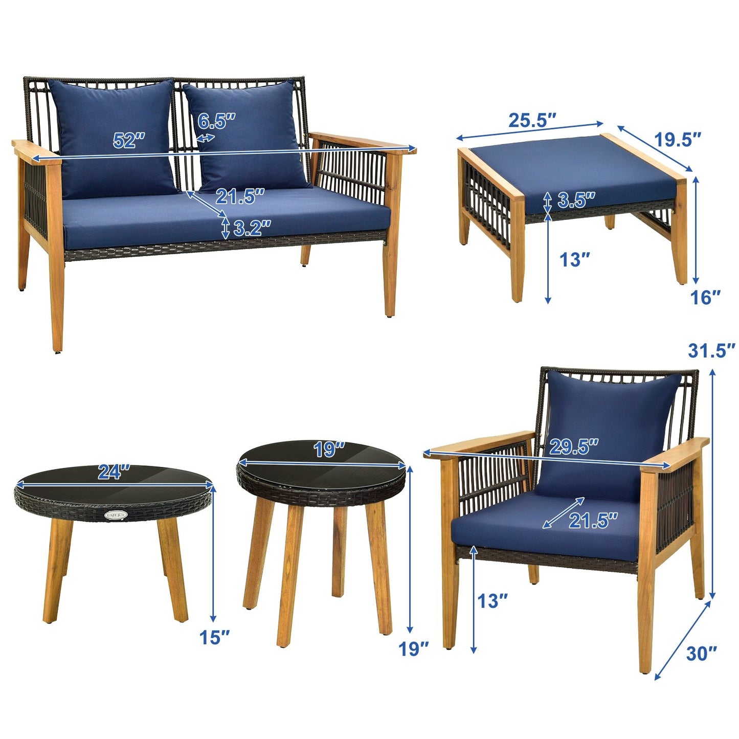 7 Piece Outdoor Conversation Set with Stable Acacia Wood Frame Cozy Seat & Back Cushions, Navy Patio Conversation Sets   at Gallery Canada