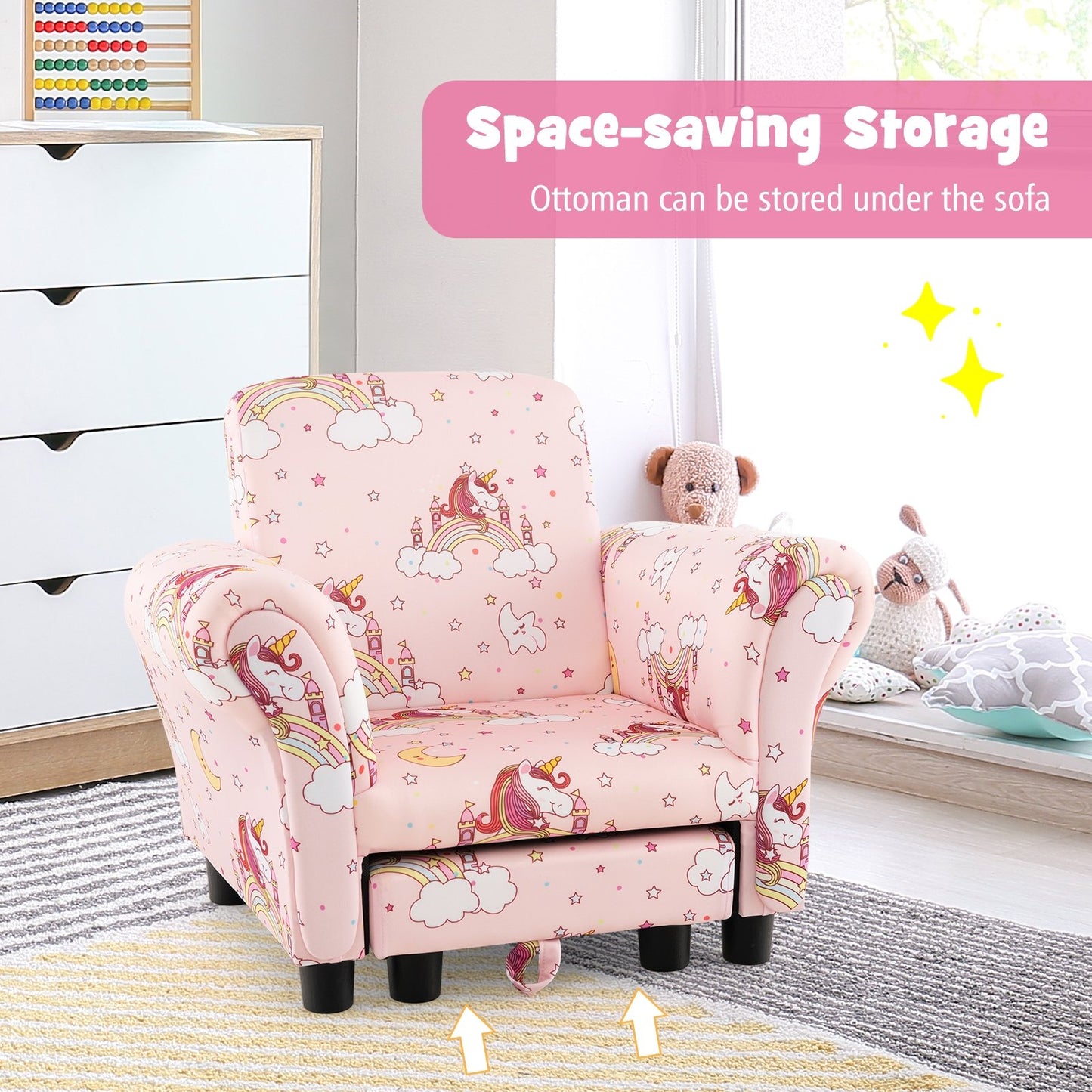 Kids Single Sofa with Cute Patterns  Ergonomic Backrest and Armrests, Pink Kids Chairs & Seating   at Gallery Canada