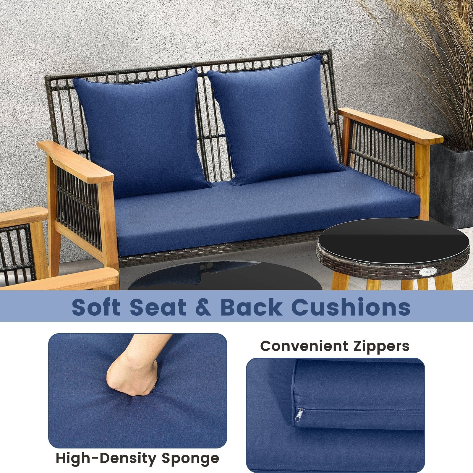 7 Piece Outdoor Conversation Set with Stable Acacia Wood Frame Cozy Seat & Back Cushions, Navy Patio Conversation Sets   at Gallery Canada