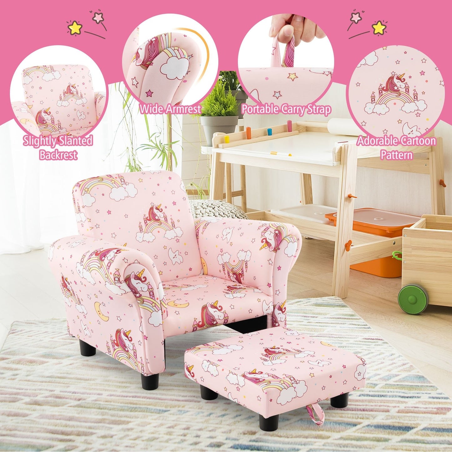 Kids Single Sofa with Cute Patterns  Ergonomic Backrest and Armrests, Pink Kids Chairs & Seating   at Gallery Canada