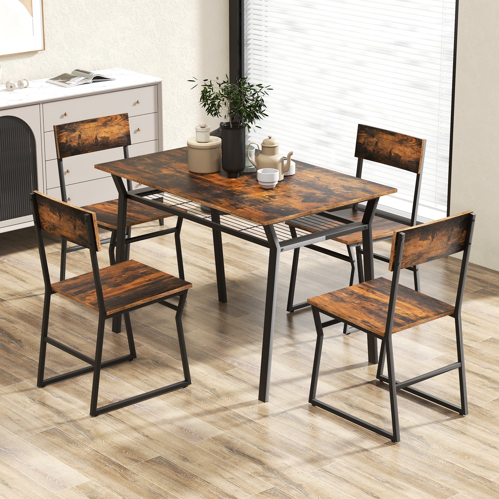 5 Piece Dining Table Set with Storage Rack and Metal Frame, Coffee Dining Room Sets at Gallery Canada