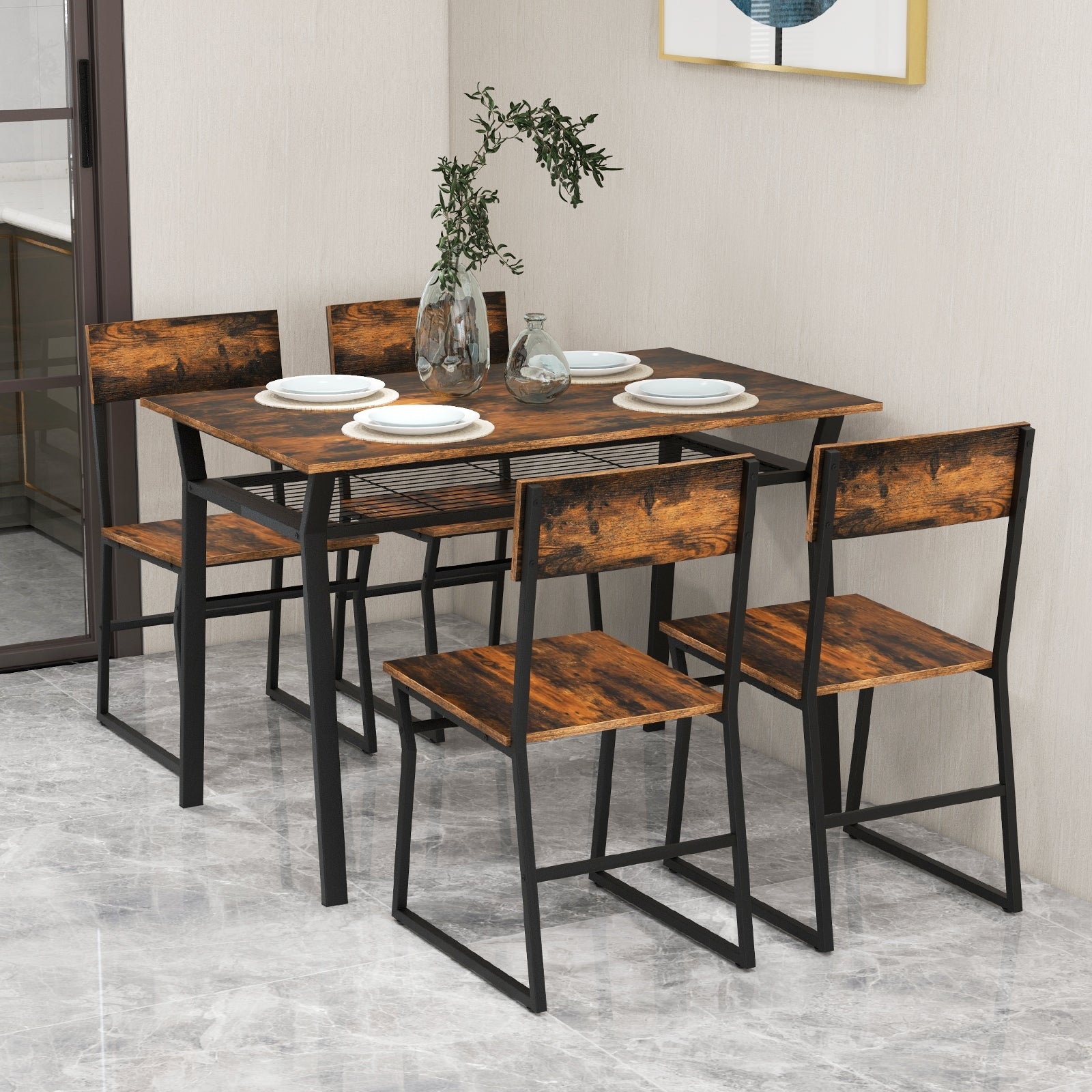 5 Piece Dining Table Set with Storage Rack and Metal Frame, Coffee Dining Room Sets at Gallery Canada
