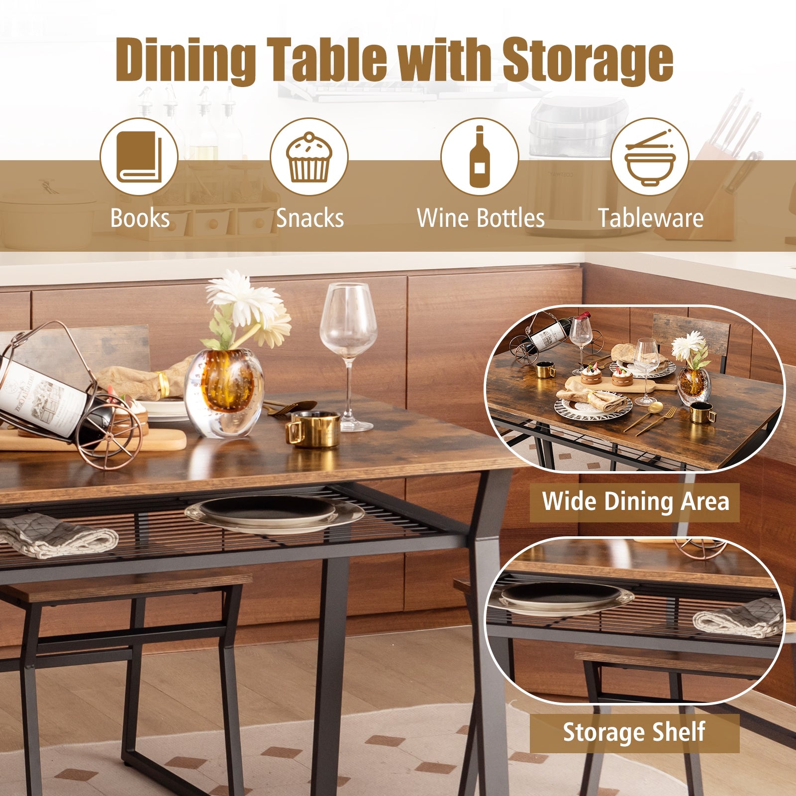 5 Piece Dining Table Set with Storage Rack and Metal Frame, Coffee Dining Room Sets at Gallery Canada
