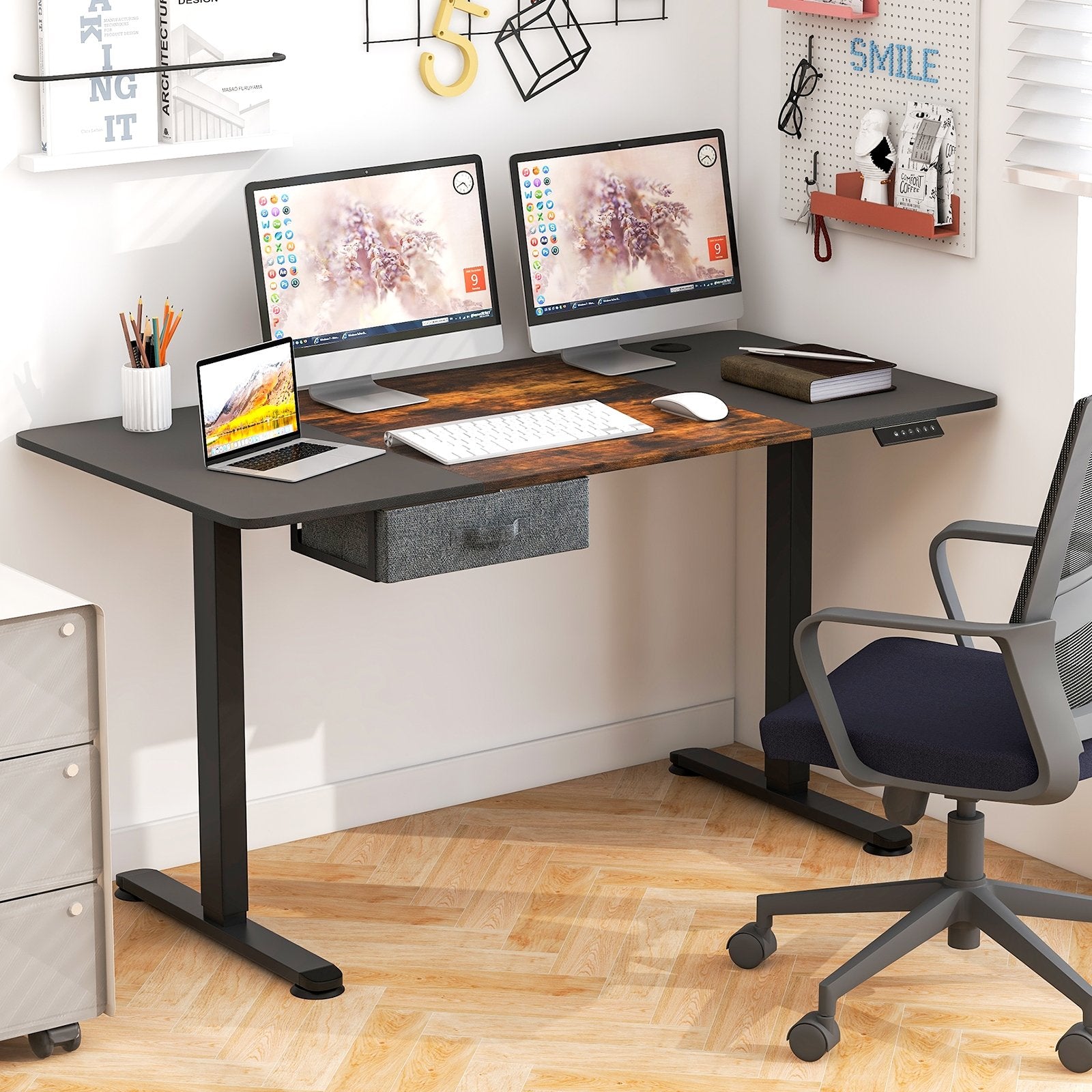 Height Adjustable Electric Standing Desk with USB Charging Port, Rustic Brown Standing Desks   at Gallery Canada