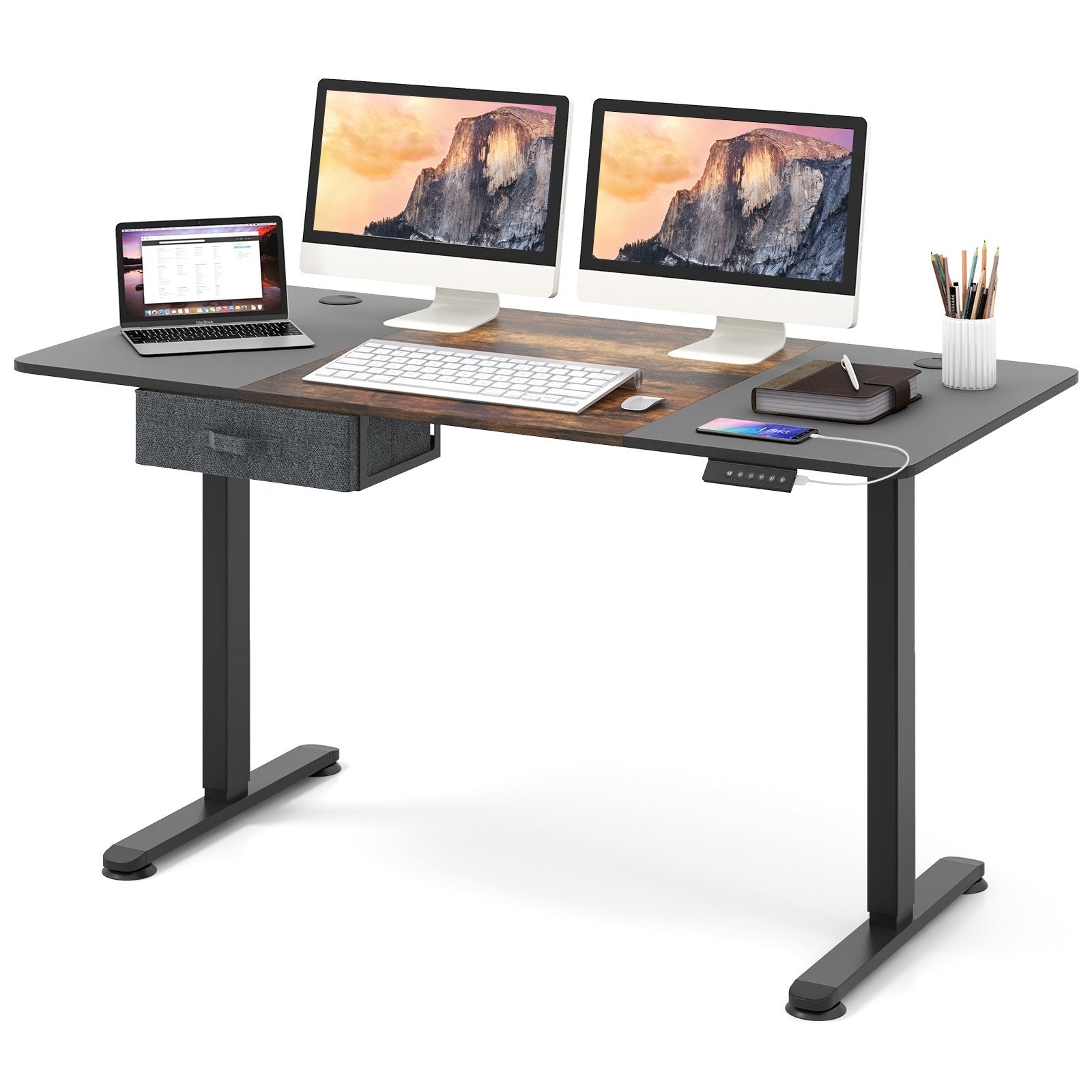 Height Adjustable Electric Standing Desk with USB Charging Port, Rustic Brown Standing Desks   at Gallery Canada