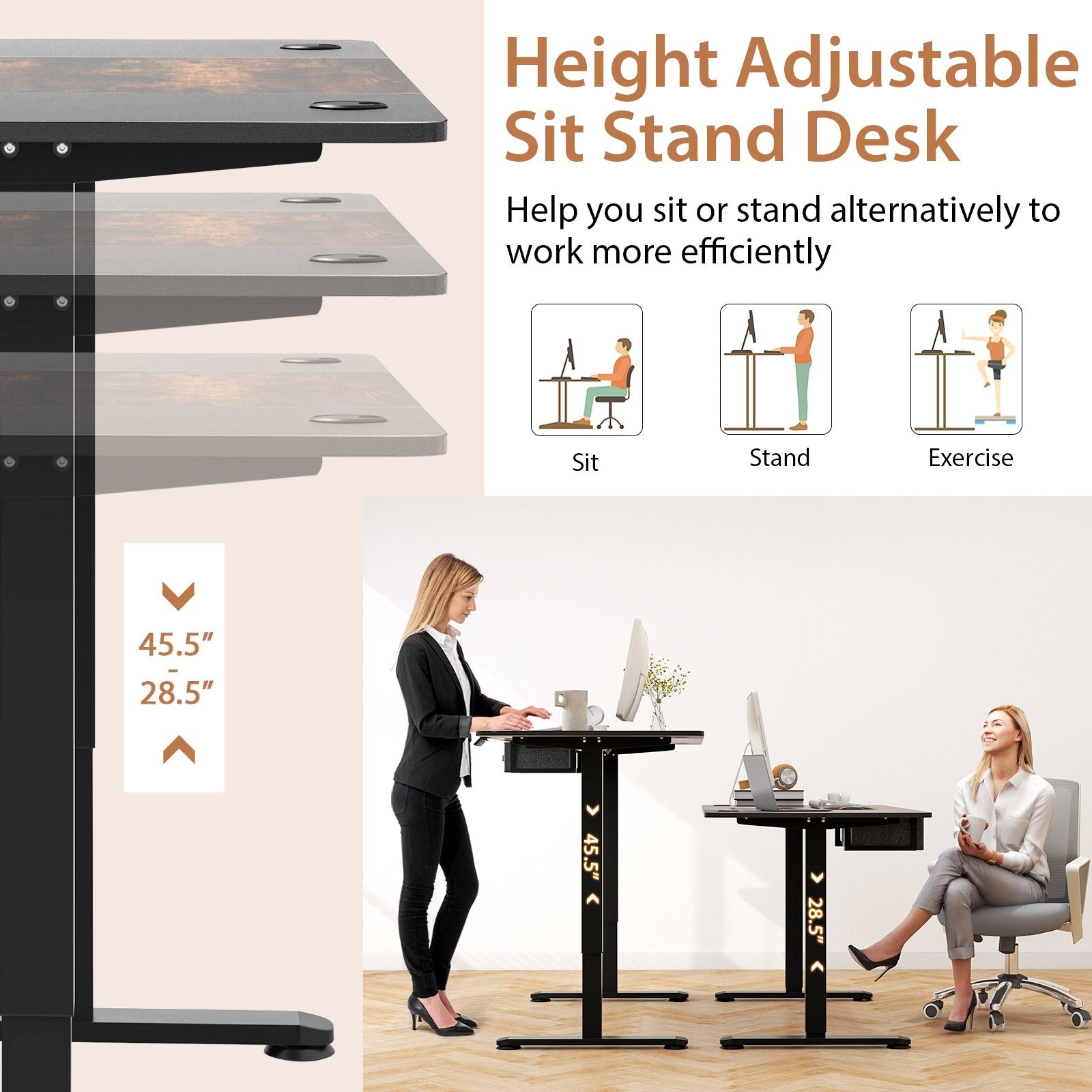 Height Adjustable Electric Standing Desk with USB Charging Port, Rustic Brown Standing Desks   at Gallery Canada