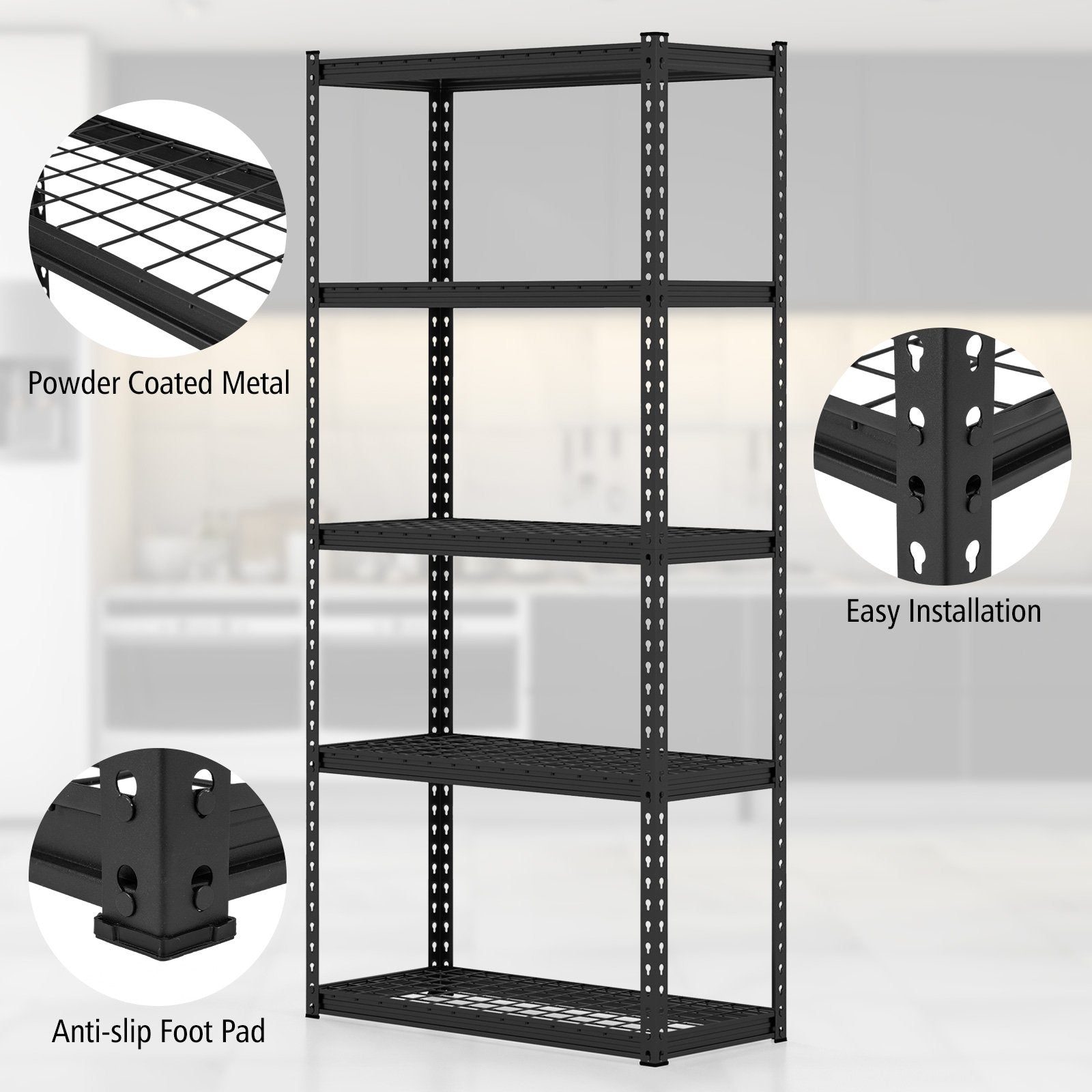 5-Tier Metal Shelving Unit with Anti-slip Foot Pad Height Adjustable Shelves for Garage-M, Black Garages   at Gallery Canada