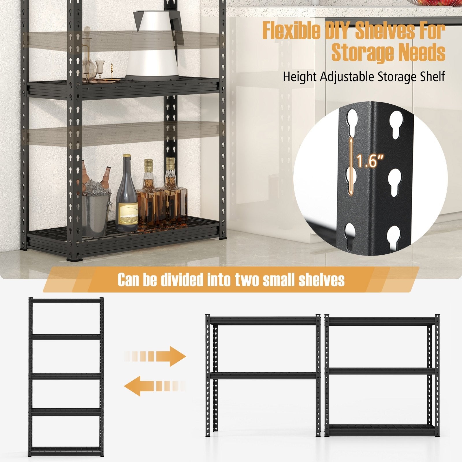 5-Tier Metal Shelving Unit with Anti-slip Foot Pad Height Adjustable Shelves for Garage-M, Black Garages   at Gallery Canada