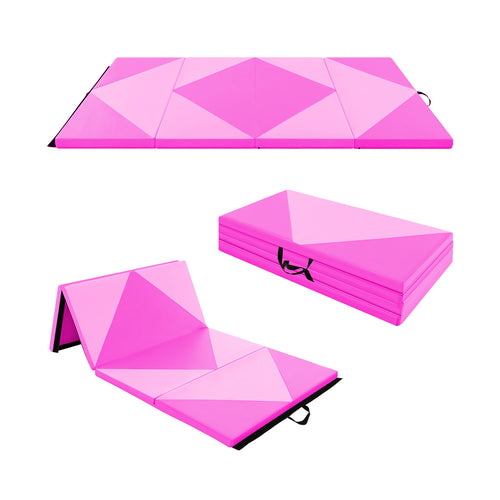 8 Feet PU Leather Folding Gymnastics Mat with Hook and Loop Fasteners, Pink