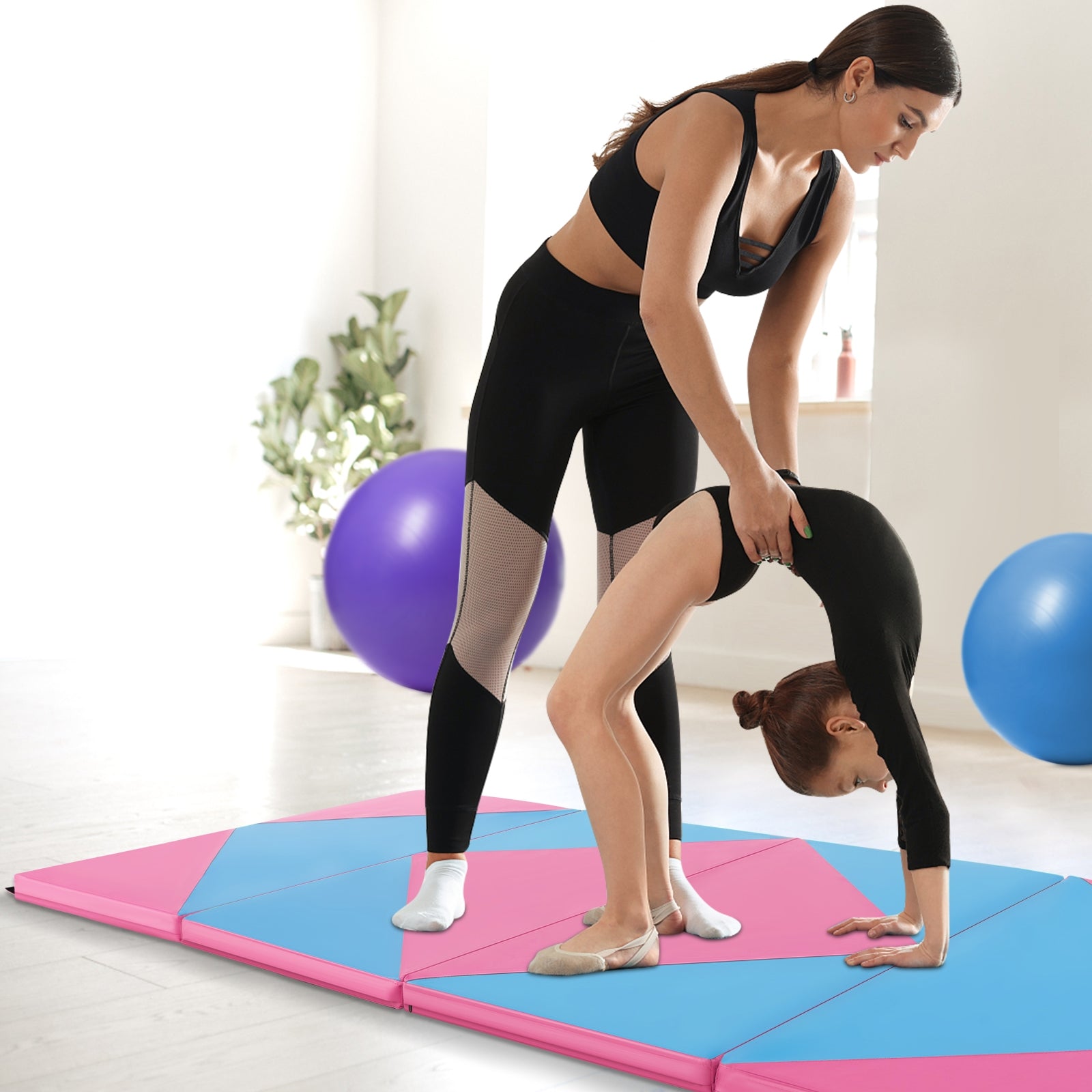 8 Feet PU Leather Folding Gymnastics Mat with Hook and Loop Fasteners, Pink & Blue Yoga & Gym Mats at Gallery Canada