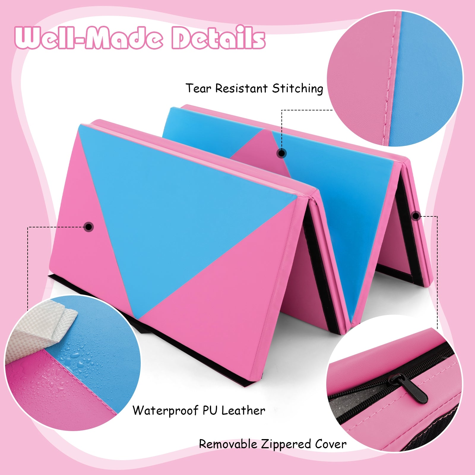 8 Feet PU Leather Folding Gymnastics Mat with Hook and Loop Fasteners, Pink & Blue Yoga & Gym Mats at Gallery Canada