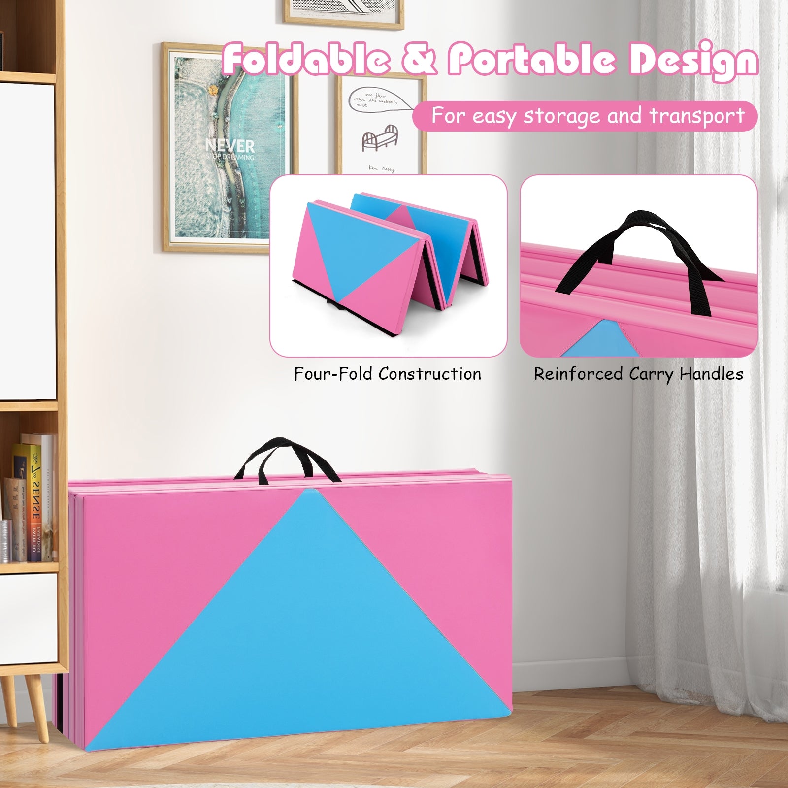 8 Feet PU Leather Folding Gymnastics Mat with Hook and Loop Fasteners, Pink & Blue Yoga & Gym Mats at Gallery Canada
