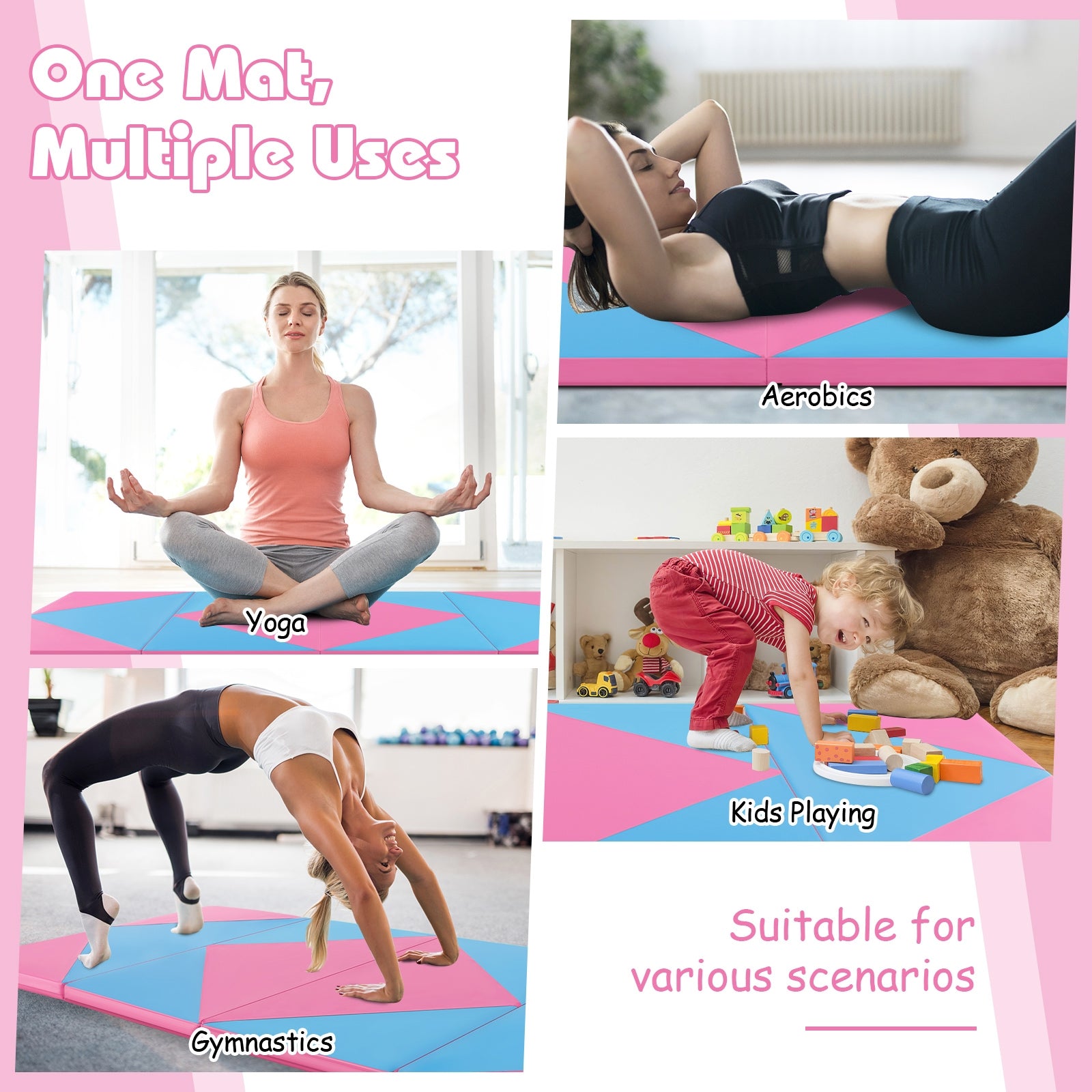8 Feet PU Leather Folding Gymnastics Mat with Hook and Loop Fasteners, Pink & Blue Yoga & Gym Mats at Gallery Canada