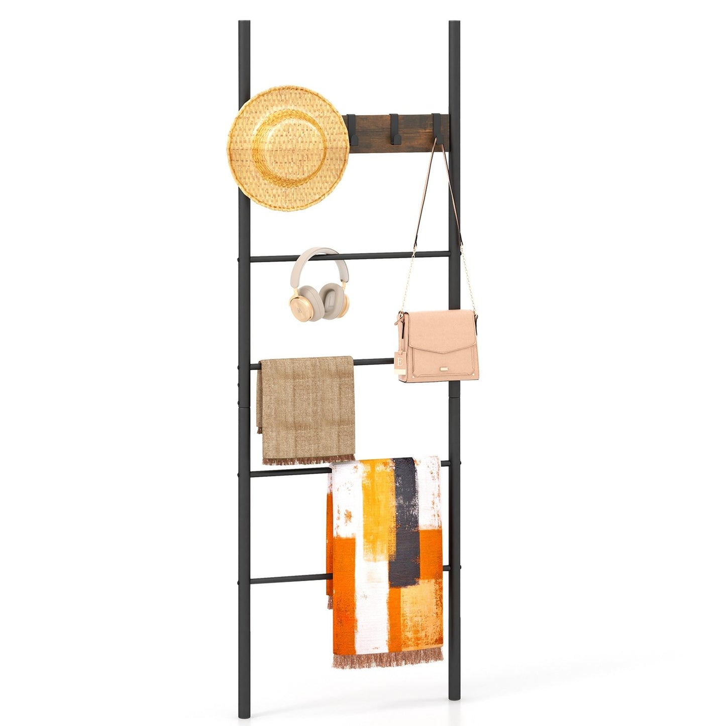 Wall-Leaning Decorative Blanket Holder with 5 Removable Hooks, Rustic Brown Clothing & Closet Storage   at Gallery Canada