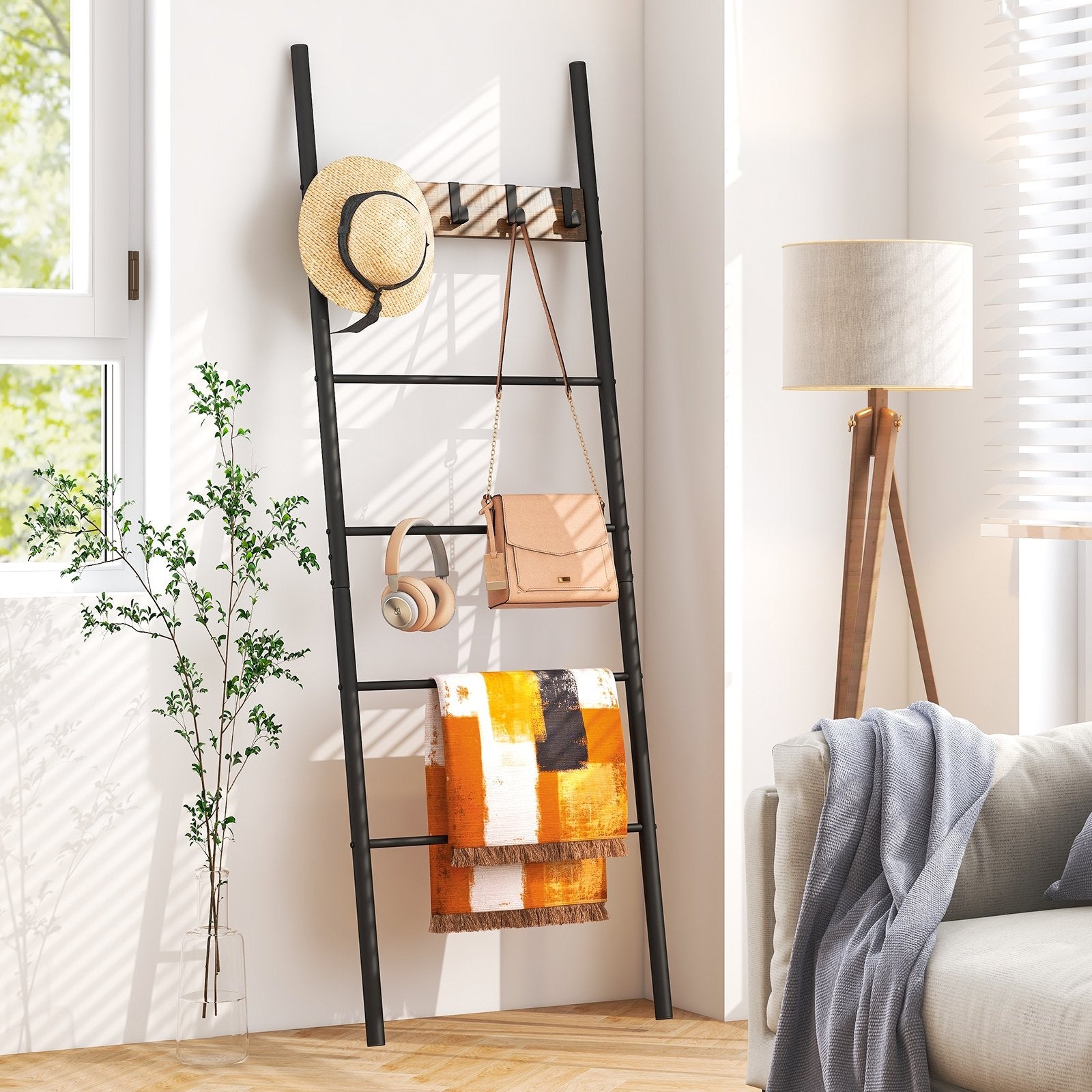 Wall-Leaning Decorative Blanket Holder with 5 Removable Hooks, Rustic Brown Clothing & Closet Storage   at Gallery Canada