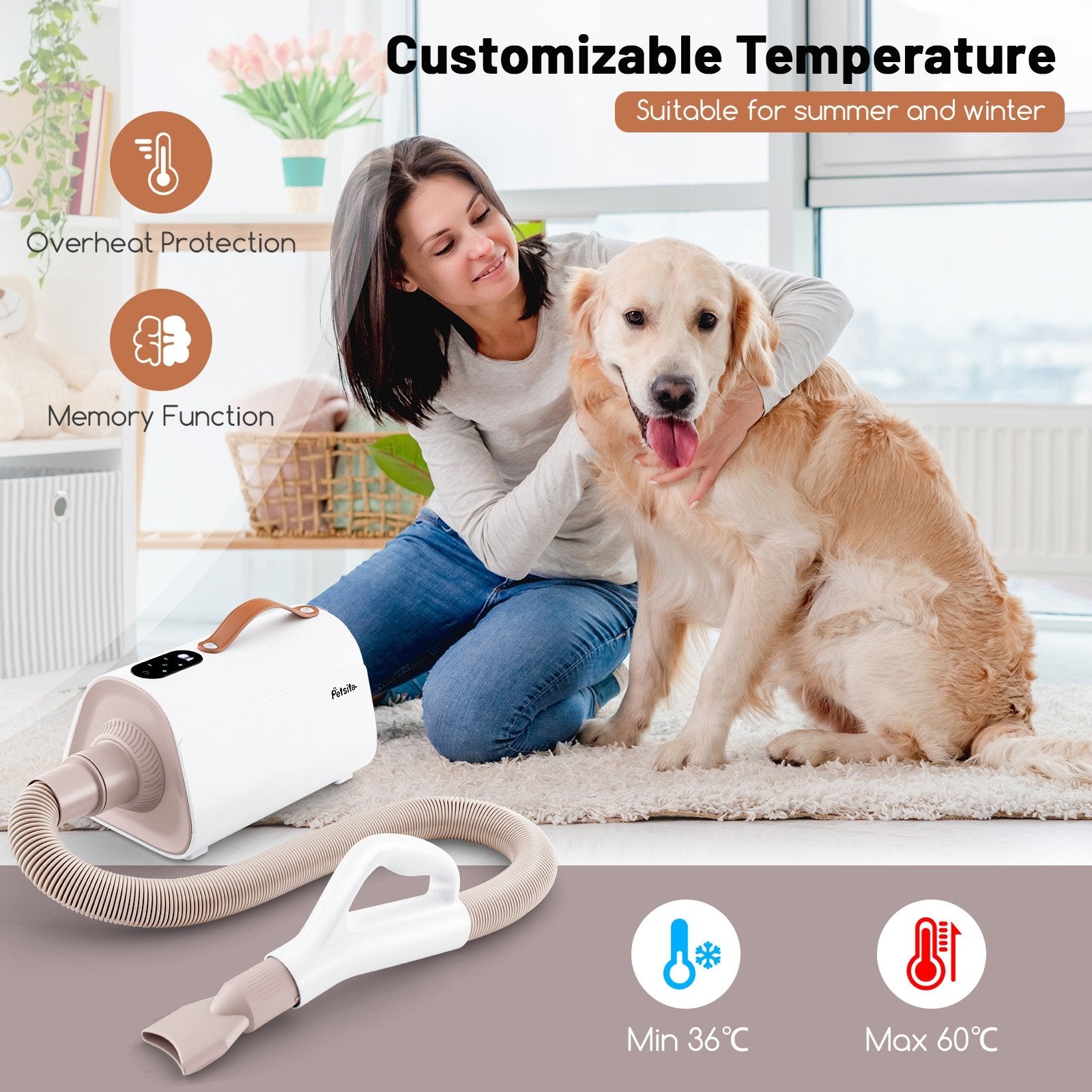 Dog Cat Hair Blower with Negative Ion Function and Adjustable Temperature, White Pets   at Gallery Canada