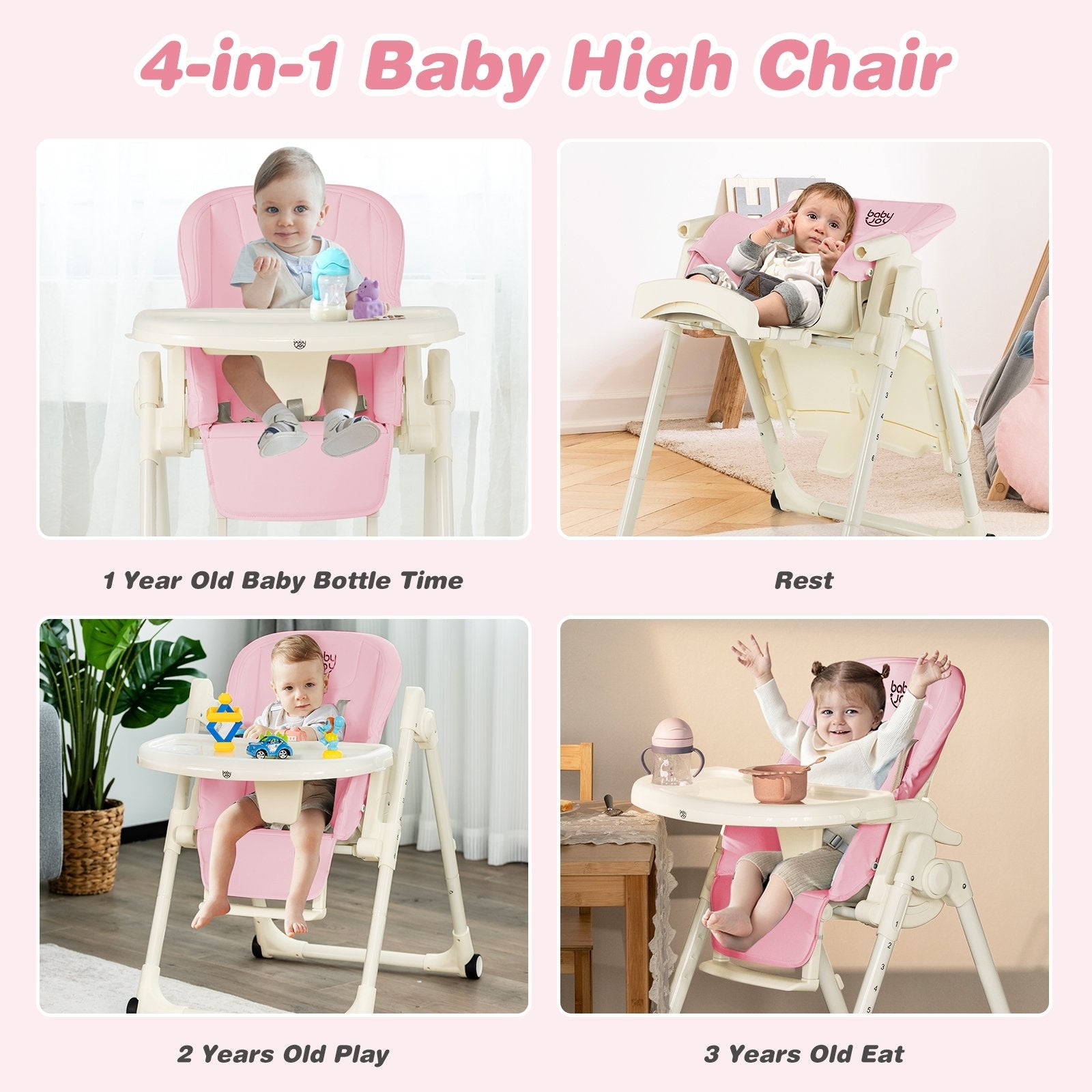 4-in-1 Baby High Chair with 6 Adjustable Heights, Pink High Chairs   at Gallery Canada