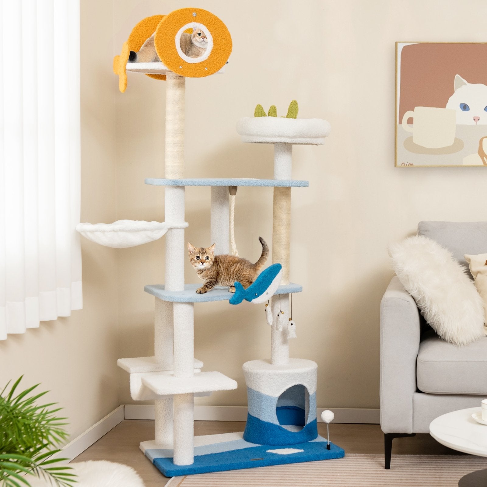 Multi-level Ocean-themed Cat Tree Tower with Sisal Covered Scratching Posts, Blue Cat Trees Condos & Scratchers   at Gallery Canada