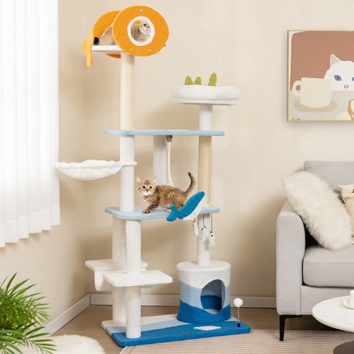 Multi-level Ocean-themed Cat Tree Tower with Sisal Covered Scratching Posts, Blue